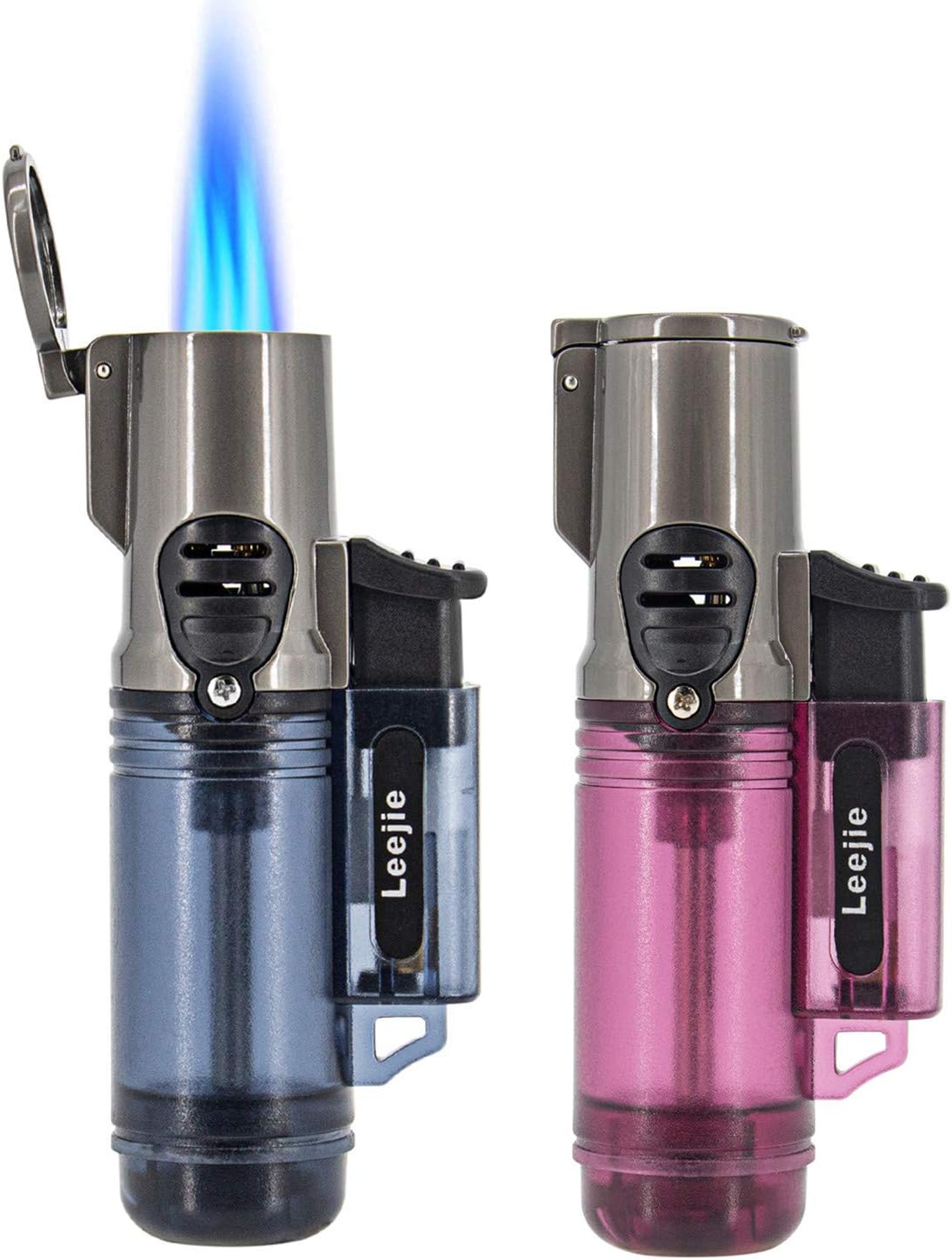 Torch Lighters Triple Jet Flame Cigar Lighter Refillable Butane Lighter 2 Pack, Butane not Included (Purple & Blue)