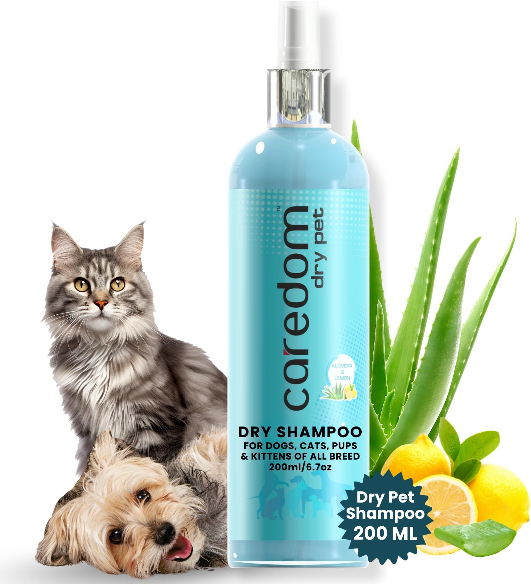 - Dry Shampoo for Pets 200 ml with Aloe Vera & Lemon | Waterless Quick Bath for Dog, Cat, Puppy & Kitten | Instant Coat Refresh & Deodorizing Cleanser | Easy Travel Friendly Grooming