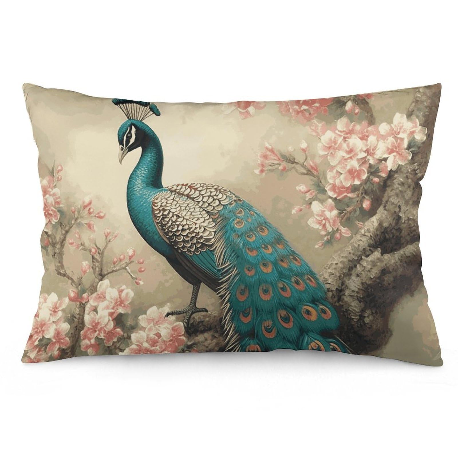 2 Pack Pillow Cases for Hair and Skin, Soft Breathable Pillow Case Covers with Hidden Zipper, Oriental Peacock on Flower Tree Pillowcase 12 "x20 Pillow Covers for Sleeping Gift