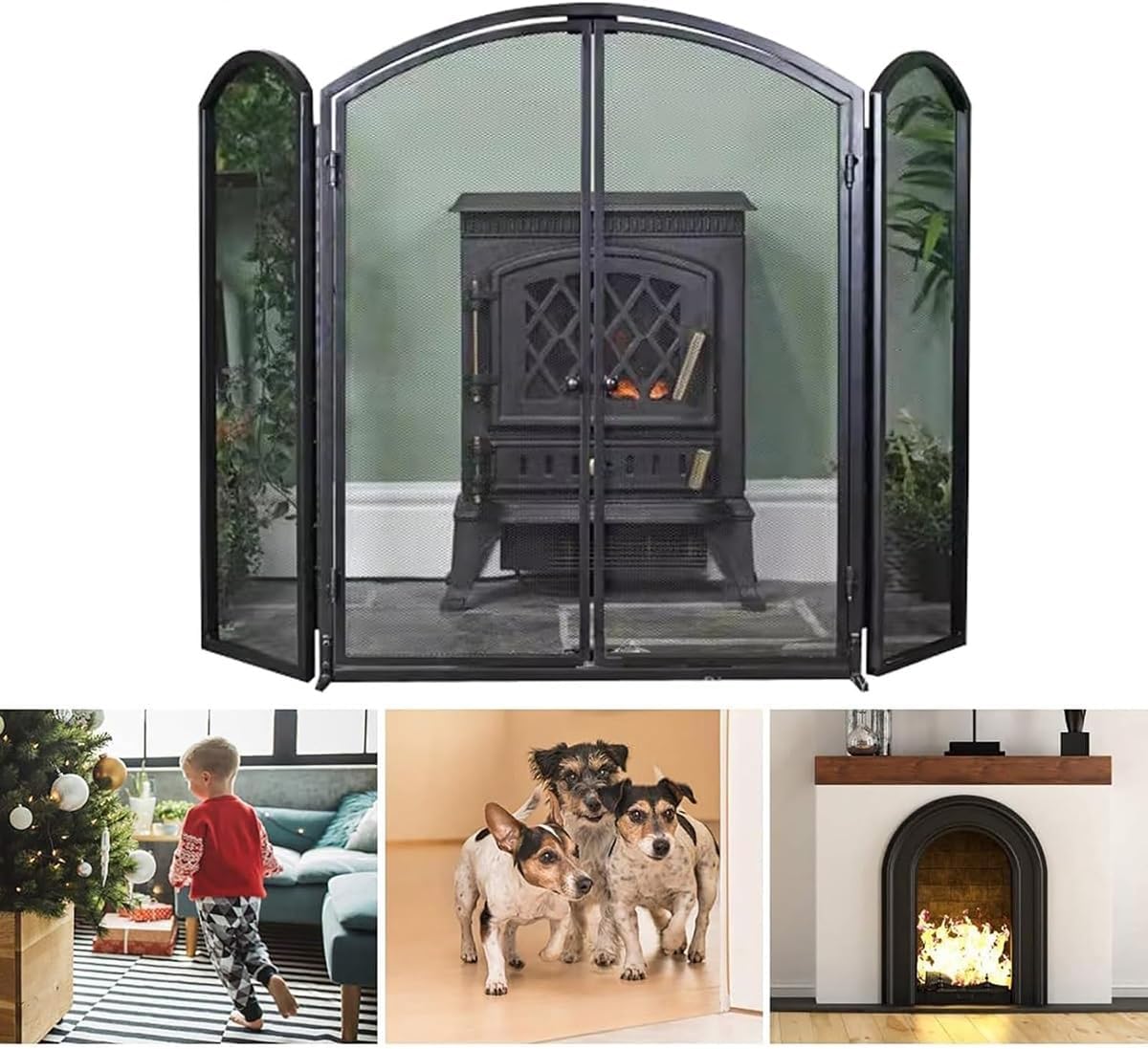 3 Panel Fireplace Screen, Fire Place Screens Stand Alone, Wrought Iron Extra Large Fireplace Screen Decorative Fire Spark Guard Grate for Living Room Home Decor