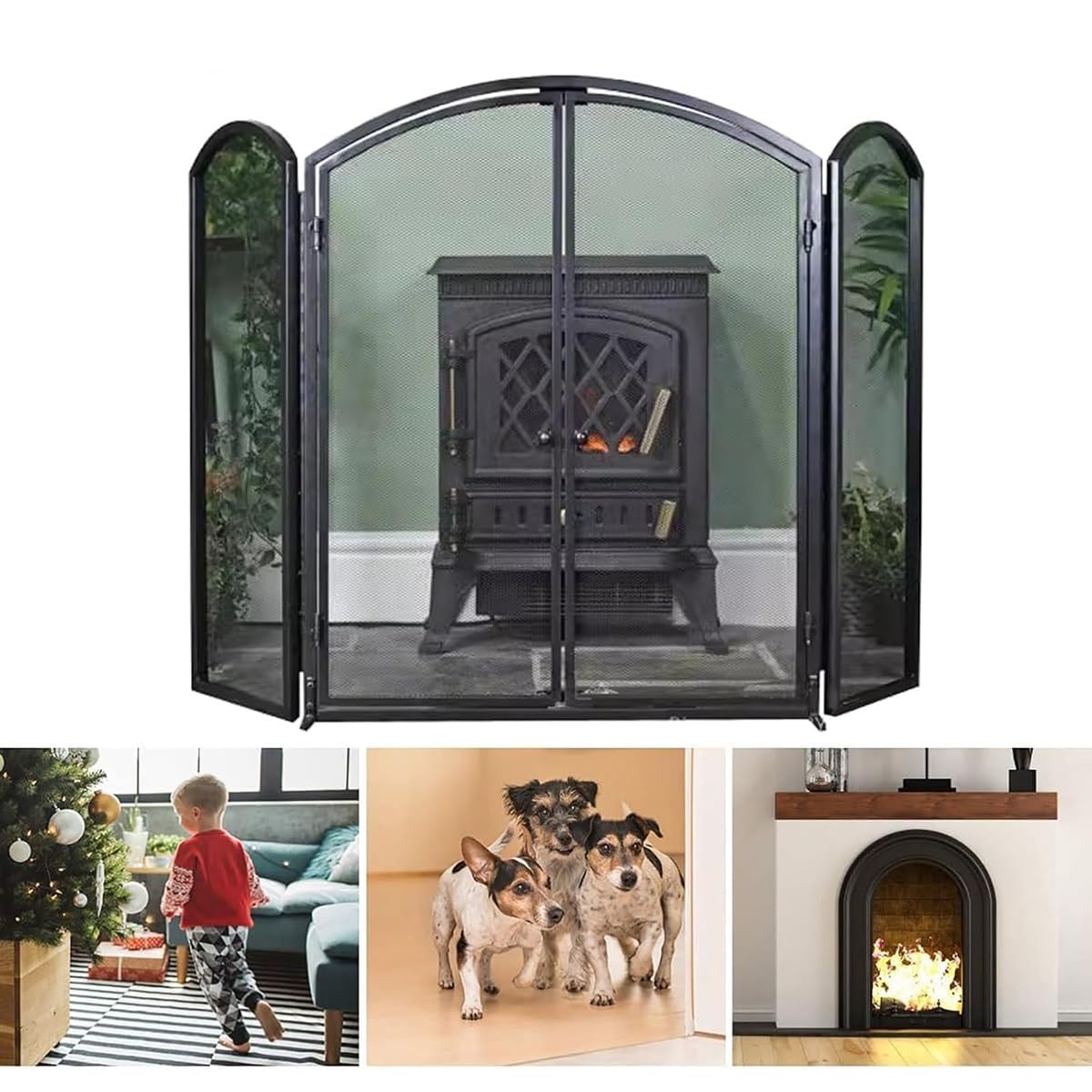 Protector Chimenea 3 Paneles Autónomo Extra Grande, Salvachispas Chimenea De Hierro Forjado, Protector Chimenea Niños Decorativo para Hogar Y Salón