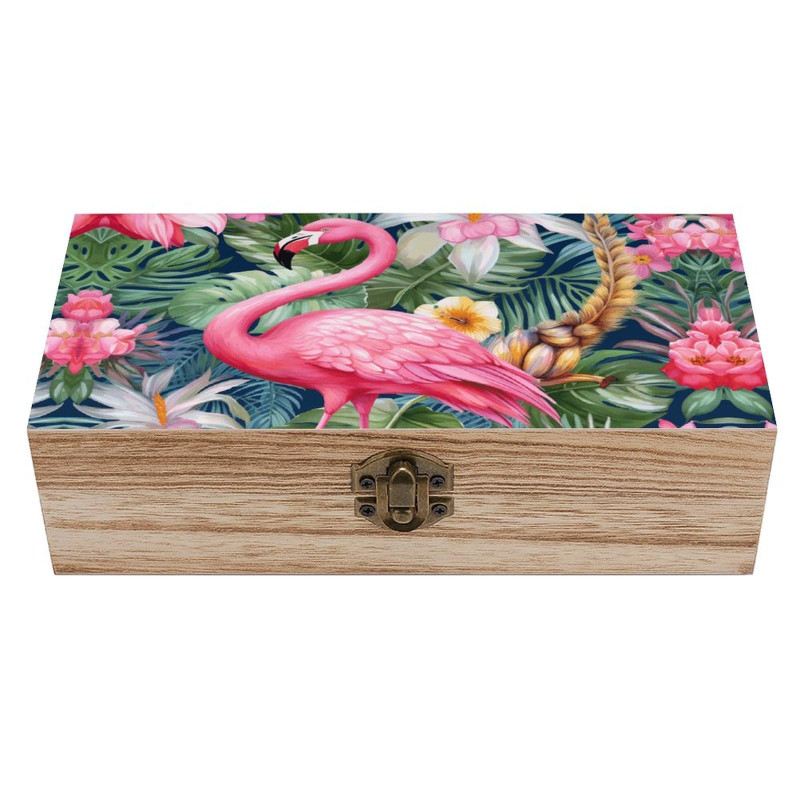 JTREHY Wooden Storage Box Container,Flamingo Floral Patternprinted Desk Storage Box Room Decoration Box Souvenir Storage Box for Jewelry Gift Storage And Home Decoration