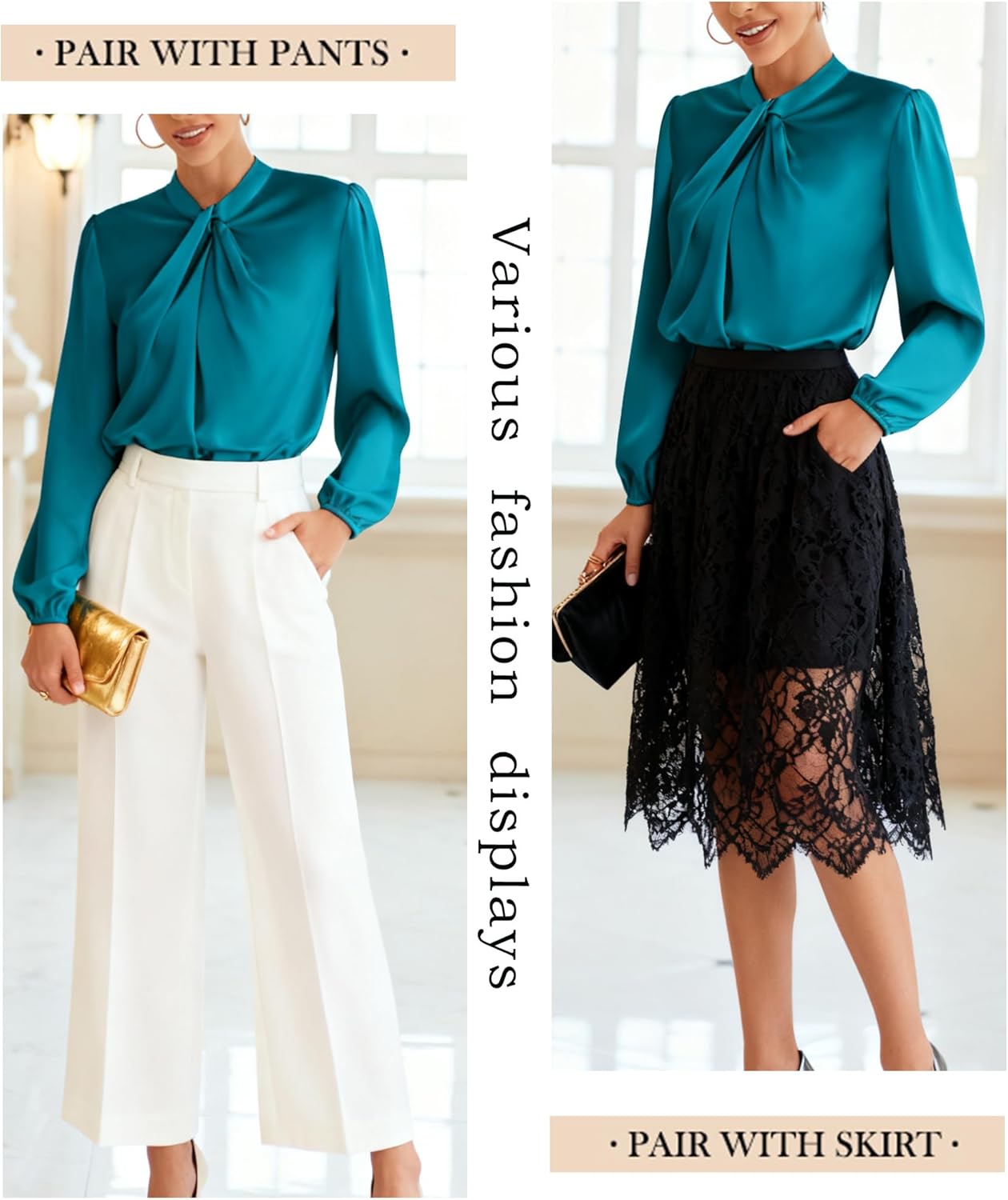 GRACE KARIN Women's Long Sleeve Satin Blouse,Mock Neck Work Silk Shirts,Dressy Tops for Business Casual Office - Image 5