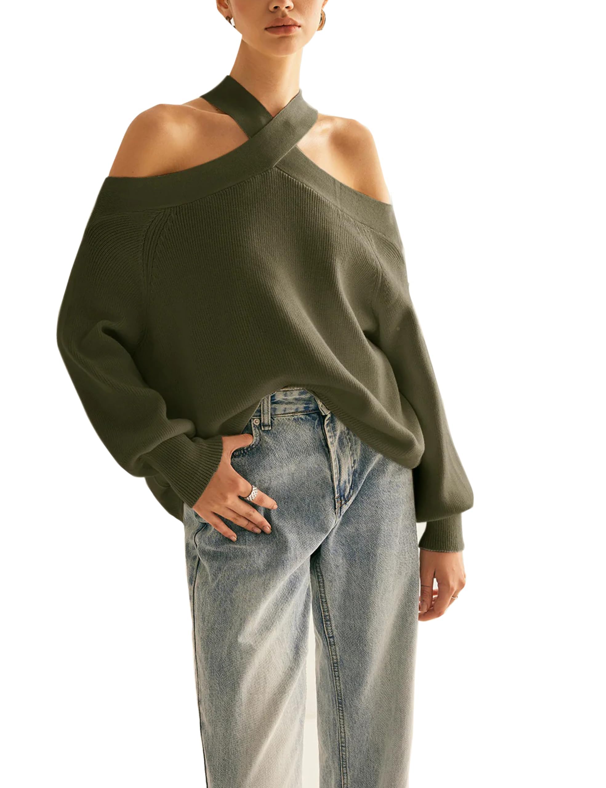 Women Halter Cross Over Collar Shoulder Sweater Loose Fit Solid Color Knit Tops