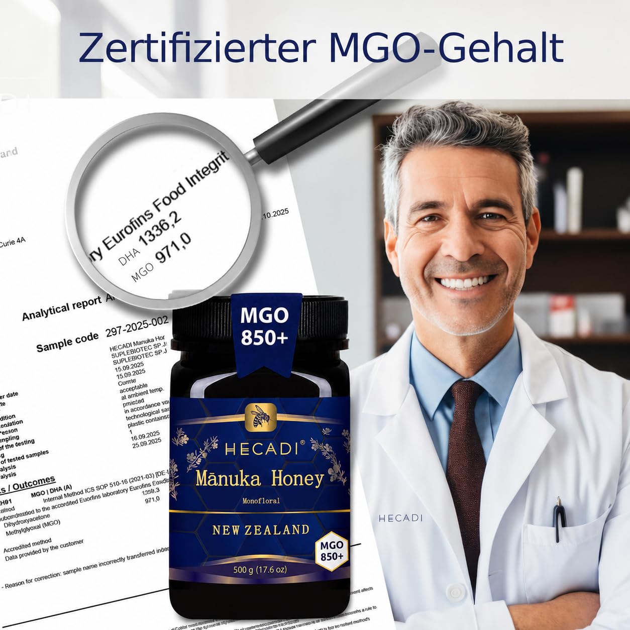 Manuka Honig 850+ MGO Hecadi® I Original Honig aus Neuseeland I mit zertifiziertem und Garantiertem Inhalt von MGO I 500 g
