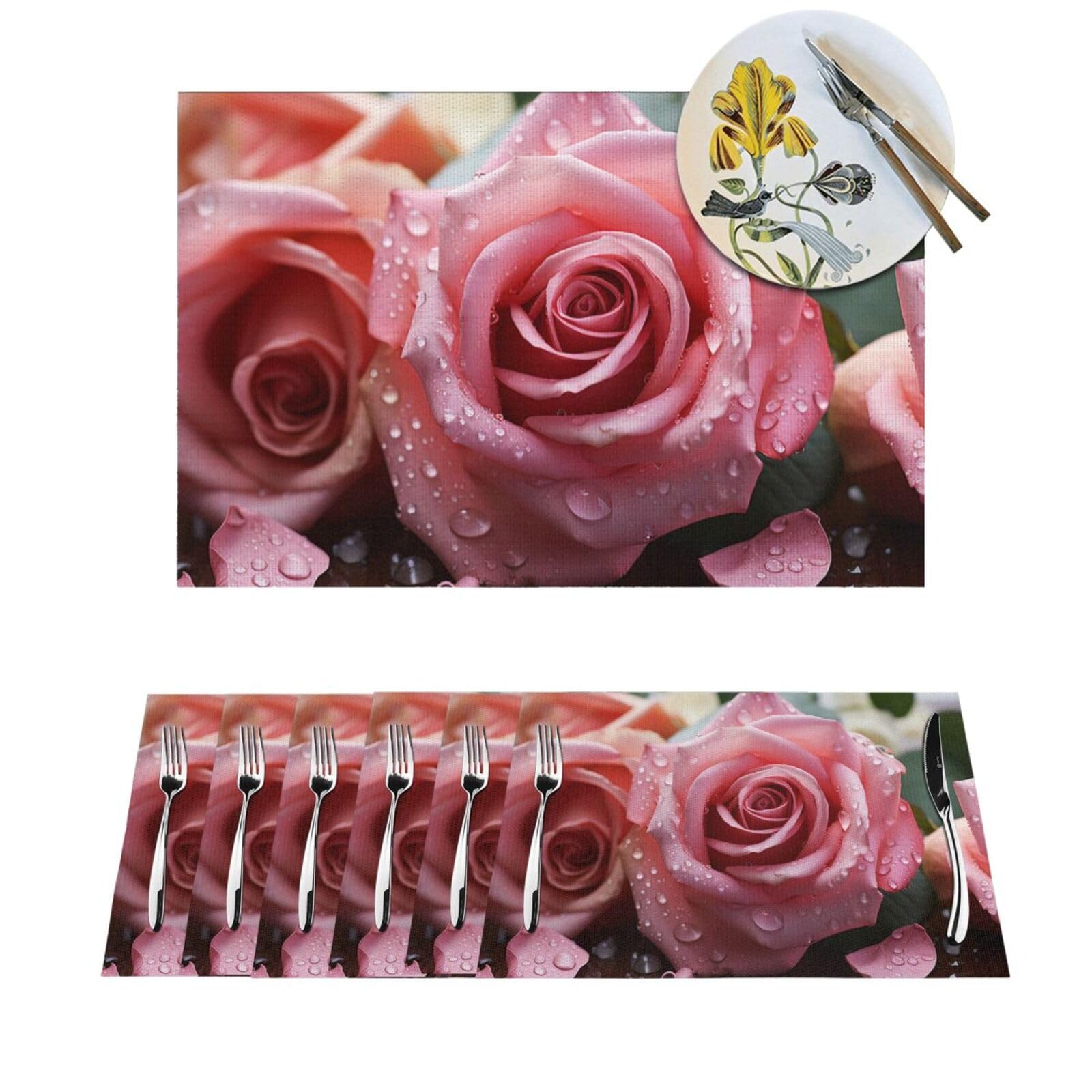 Lot de 6 sets de table salle à manger en PVC tissé motifs roses