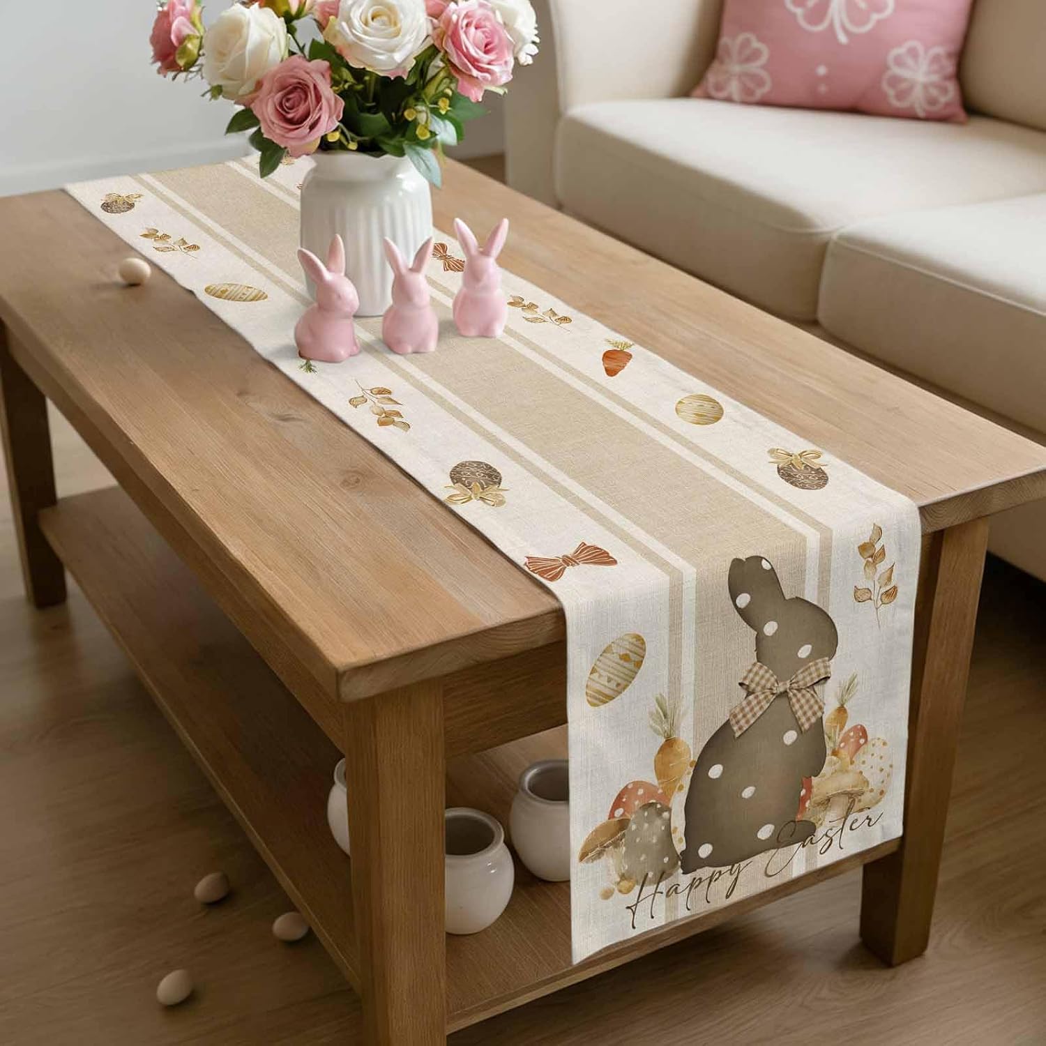 Happy Easter Table Runner 13x120 Inches Long Bunny Egg Runner for Table Carrot Rabbit Table Runners Washable Farmhouse Dresser Scarf for Kitchen Coffee Dining Seasonal Spring Holiday Party