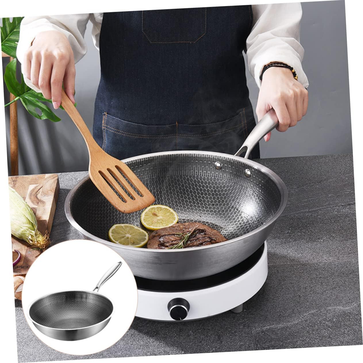 Reusable Stainless Steel Fry Wok Pan Multi-functional Non-stick Cooking Vessel for Induction Gas and Electric Stoves Honeycomb Design for Easy Stir-frying and Steaming