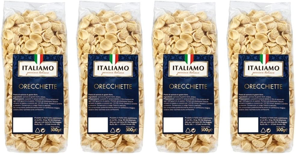 Italiamo: "Orecchiette" Durum Wheat Semolina Pasta 17.6 Ounce (500gr) Packages (Pack of 4) [ Italian Import ]