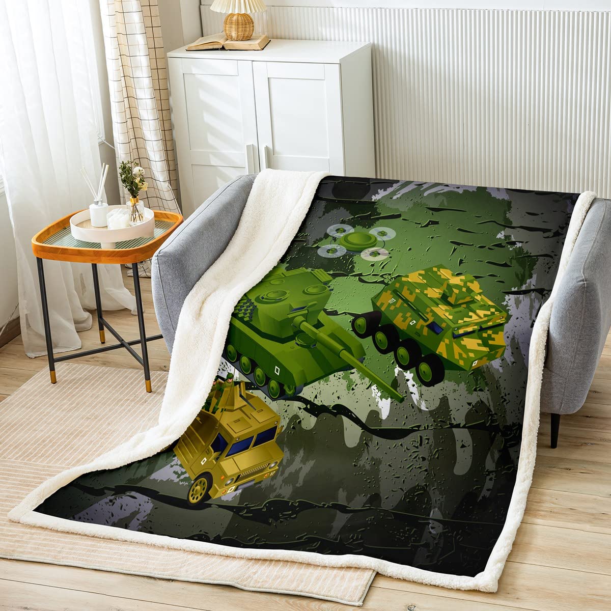 Loussiesd Tank Kid Men Plush Blanket Boy Teen Military Truck Sherpa Blanket Soldier Dirt Bike Camouflage Army Acting Fleece Throw Blanket Watercolor Fuzzy Blanket for Sofa Bed,Single 50x60 Inch