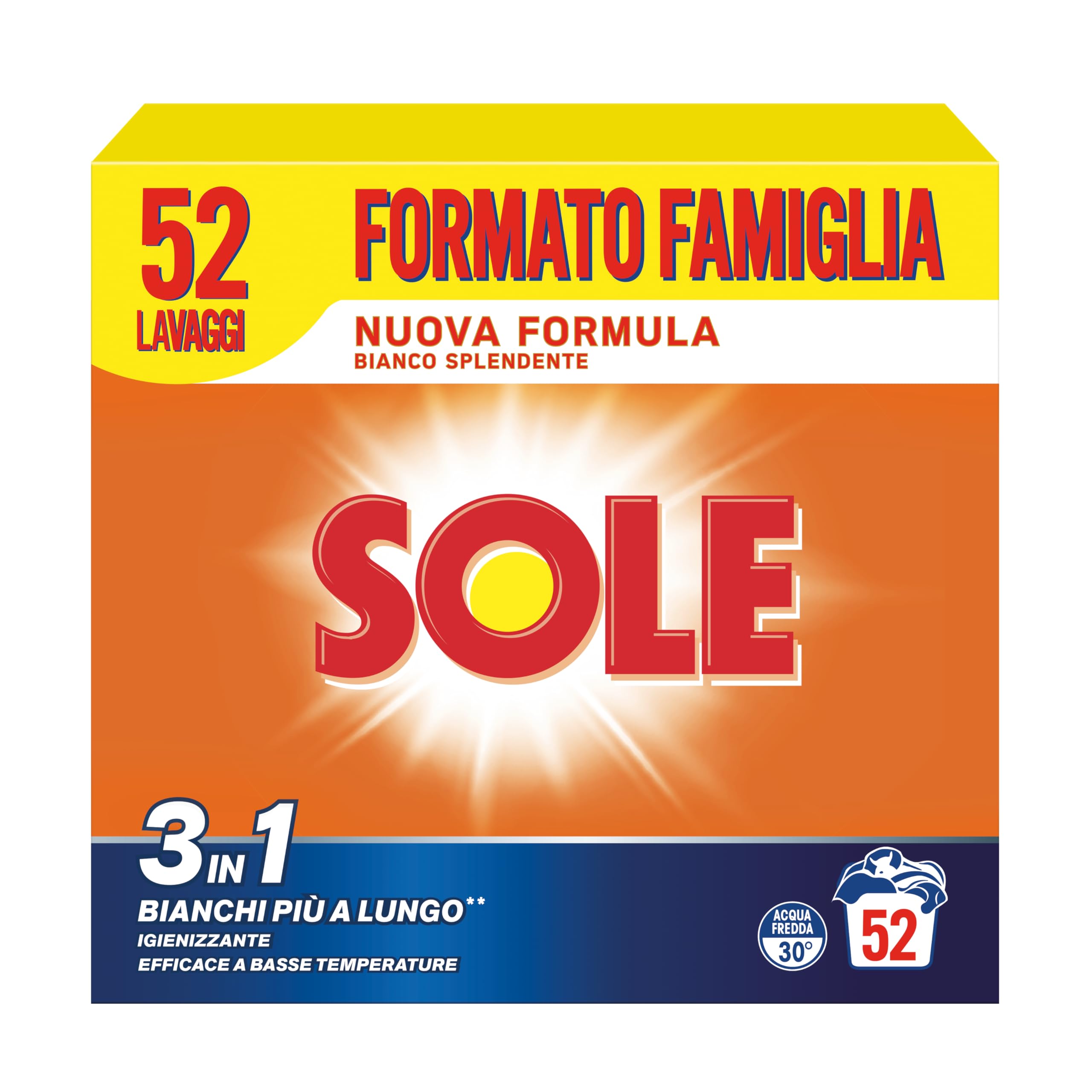 SOLE Bianco Splendente 52 Mis, Confezione da 4x2,6 kg, Detersivo in polvere con bicarbonato per bucato a mano e in lavatrice
