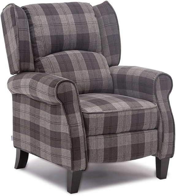 More4Homes EATON WING BACK FIRESIDE CHECK FABRIC RECLINER ARMCHAIR SOFA CHAIR RECLINING CINEMA (Grey)