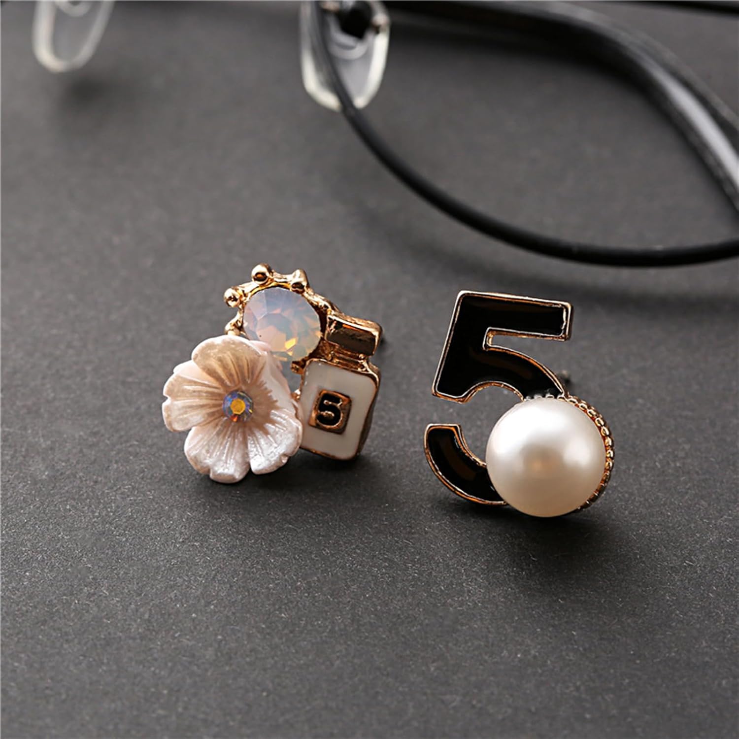Fashion number 5 women's flower earrings asymmetric pearl earrings Hundreds of retro jewellery Earrings gifts, Black, White, Pink - Image 7