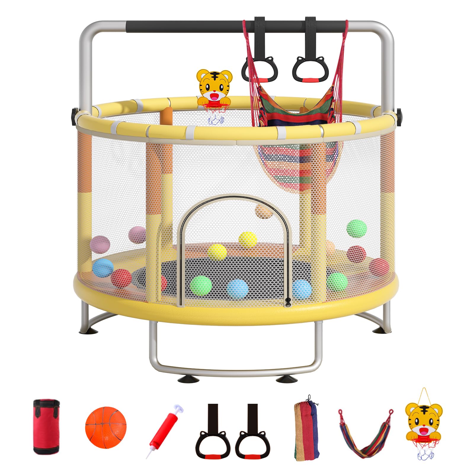 BUMKOY 55" Trampoline for Kids, 4.6 FT Indoor/Outdoor Mini Baby Trampoline with Enclosure Net, Safety Enclosure, Adjustable Toddler Trampoline with Basketball Hoop, Gifts for Boys & Girls