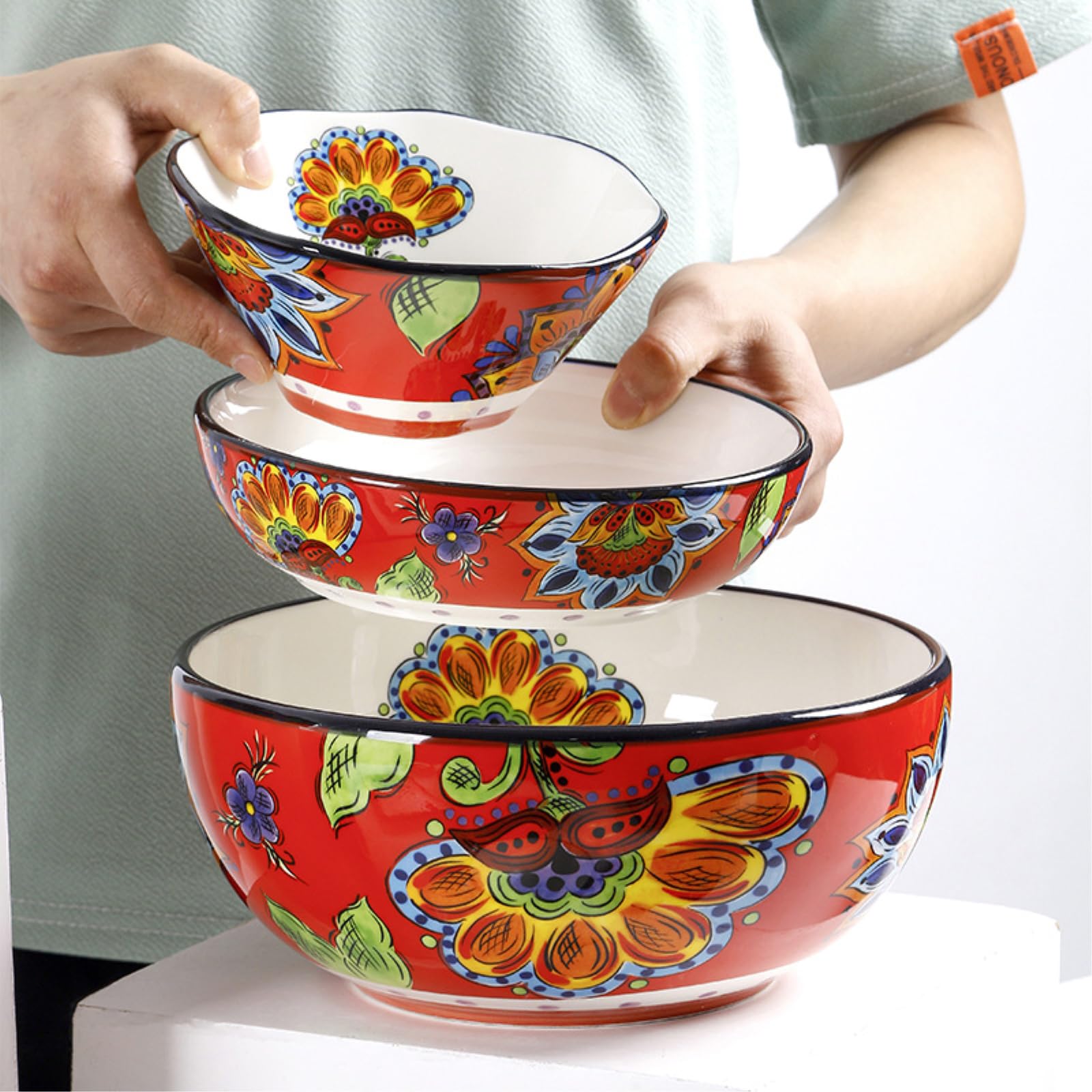 Ceramiczna glazura kreatywna miska do zupy domowa ręcznie malowana z pokrywą - czerwona miska na zupę uszną