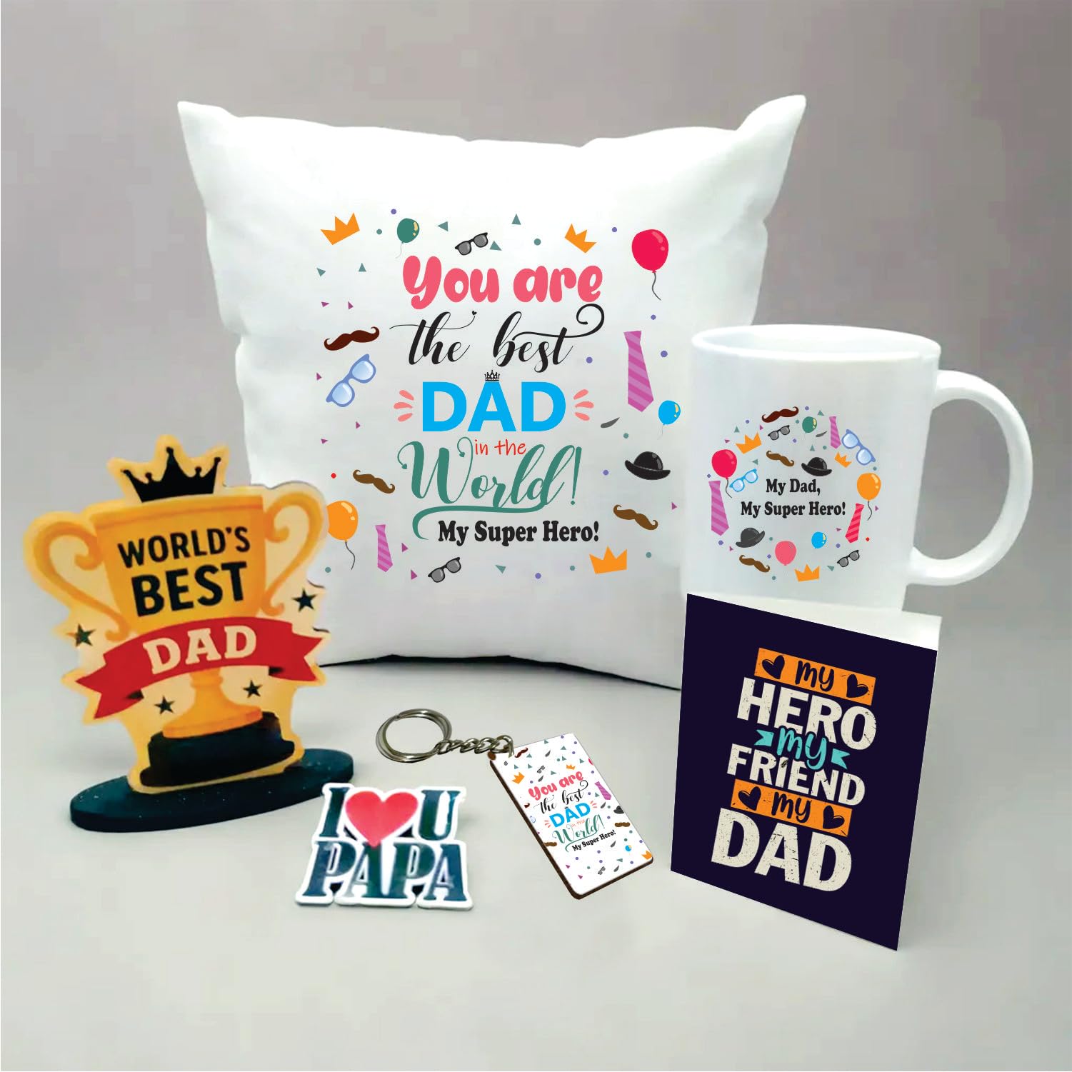 Gift for Father on Birthday | Birthday Papa | Father’s Day (12”*12” Satin Cushion with Filler, Ceramic Mug, Key Ring & Greeting Card) (706)
