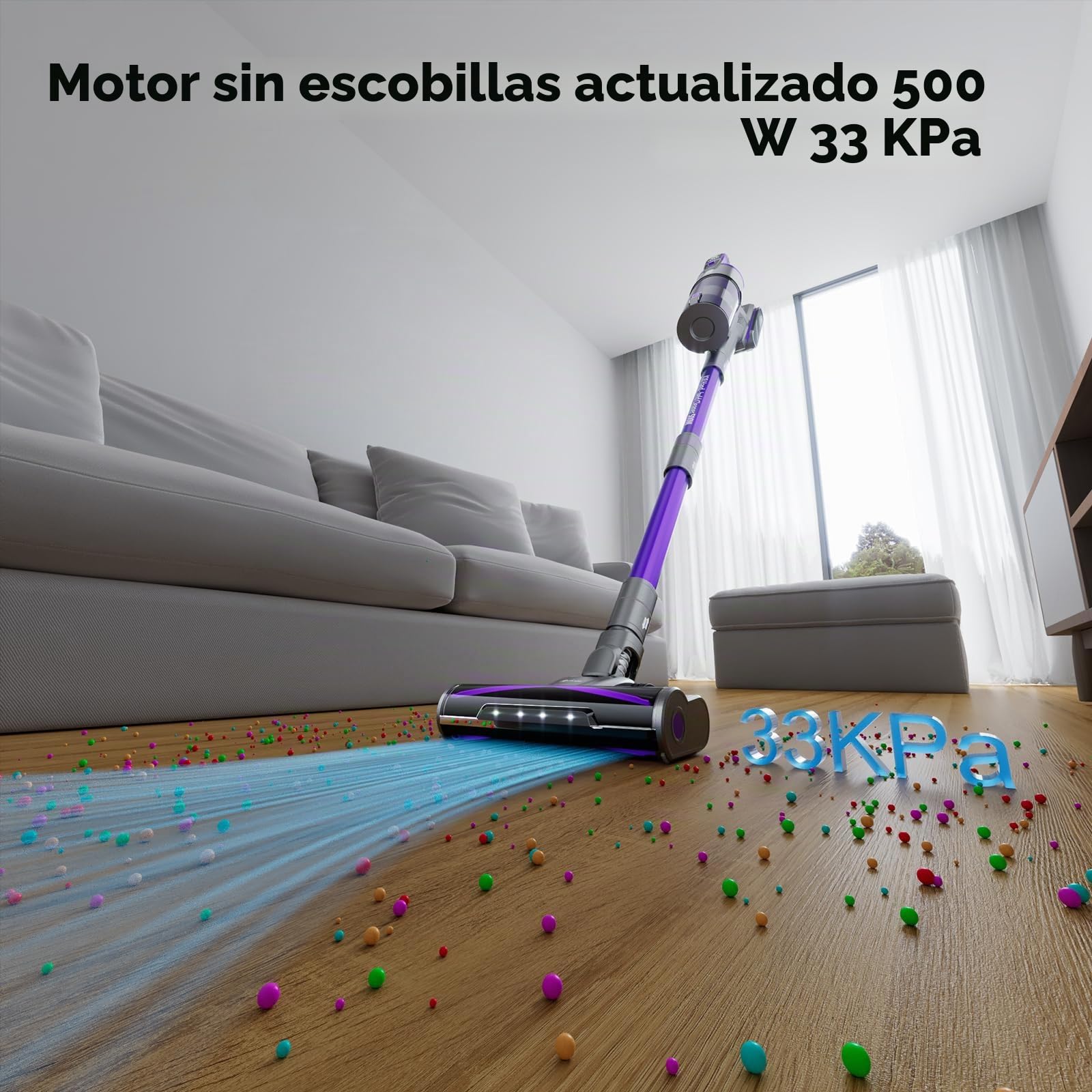 X18 Aspiradora inalámbrica, 33KPA/500W/65Min, Cepillo eléctrico inalámbrico 4 en 1 con 4 niveles de aspiración regulables, Aspiradora vertical potente para suelos, alfombras, pelo de animales