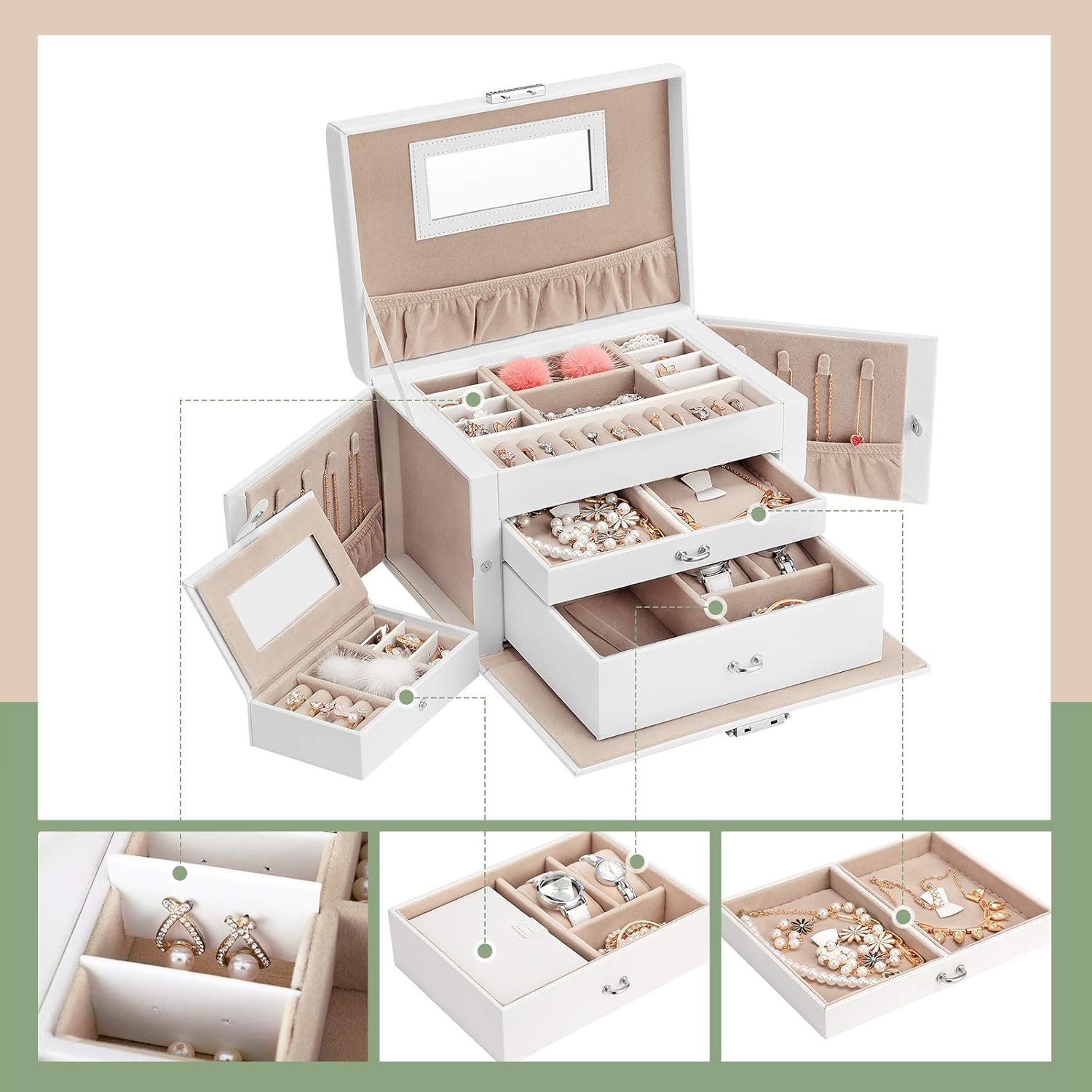 SONGMICS Jewelry Box, Jewelry Organizer Case with 2 Drawers, Lockable with Mirror, Portable Travel Case, for Rings, Bracelets, Earrings, Necklaces, Velvet Lining, mothers day gifts, White UJBC121W : Clothing, Shoes & Jewelry