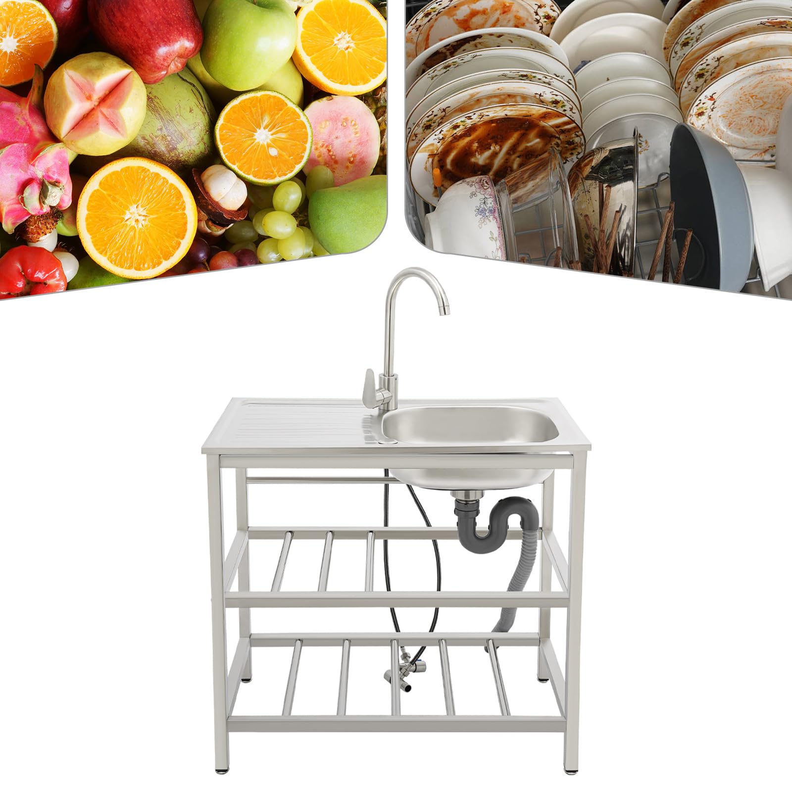 DIFU Edelstahl Spültisch 75x40x78cm Freistehende Spüle mit Unterschrank, Garten Camping Outdoor Spüle Freistehende Küchenspüle Commercial Mobile Multifunktionswaschtisch mit Plattform & Armatur