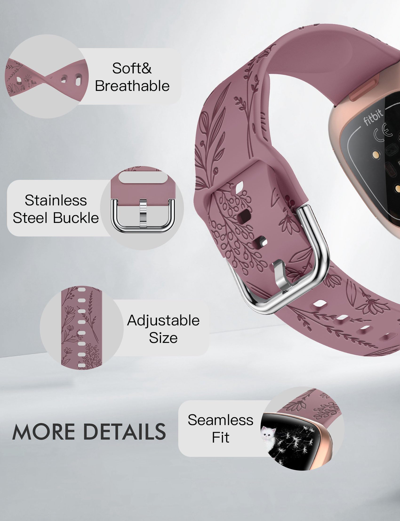 TOYOUTHS Dandelion Floral Engraved Strap Compatible with Fitbit Versa 4/Fitbit Sense 2/Fitbit Versa 3/Fitbit Sense Straps - Image 3