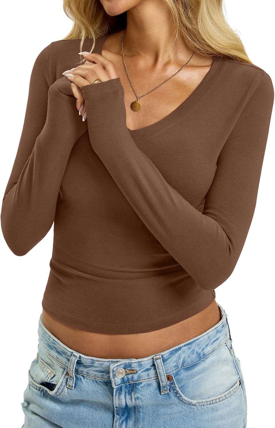 Womens Cotton Long Sleeve Shirts V Neck Slim Fit Tops Basic Tees Going Out Outfits 2025 Fall Spring - Image 7