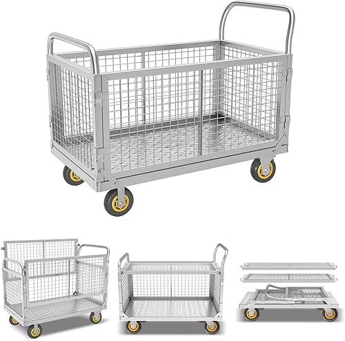 Miniatura 1 de Platform Truck Cart with Cage, Folding Flatbed Cart with Detachable Cage 1500LBS Weight Capacity Easy to Move with 5In Swivel Heavy-Duty Wheel