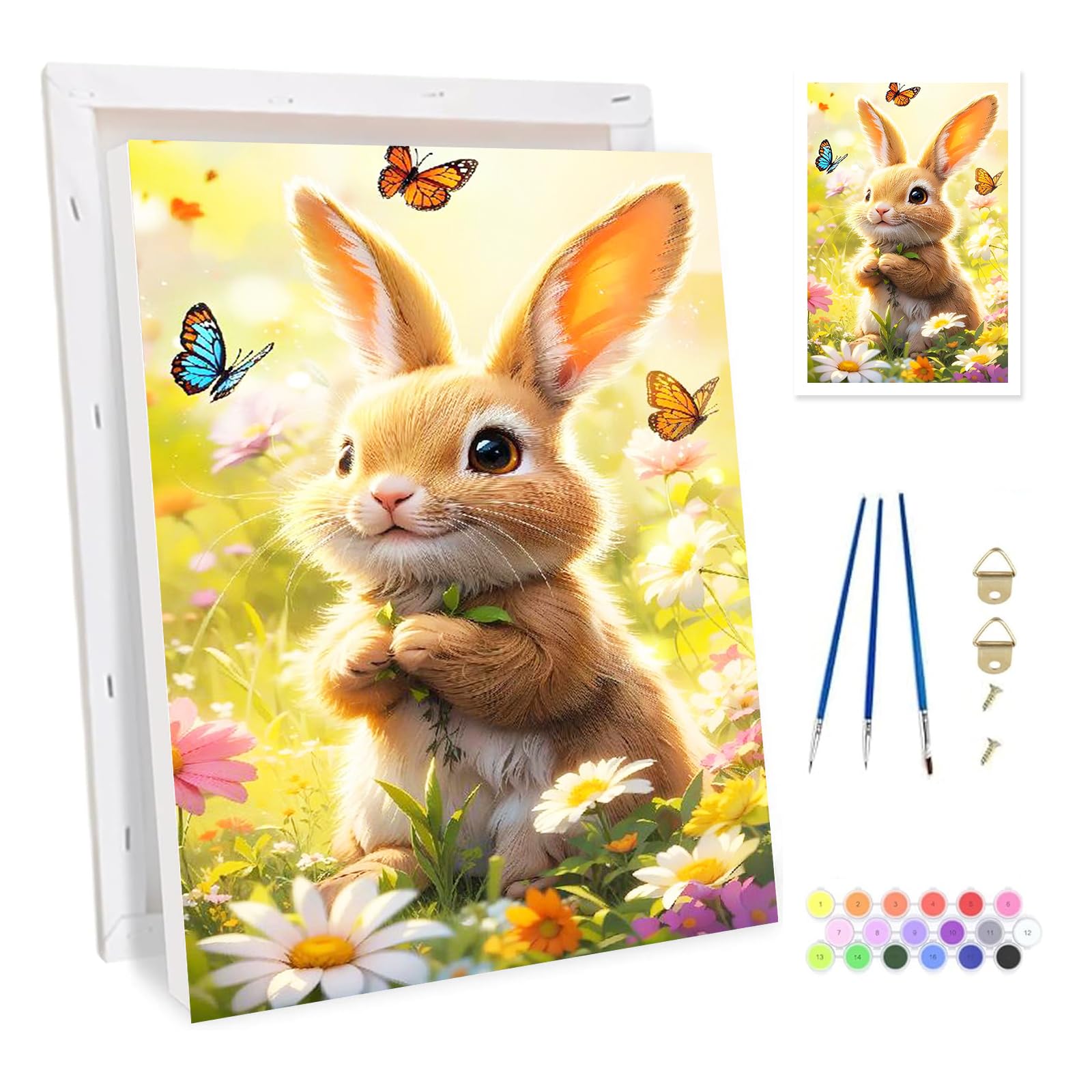 Bowetile Easter Rabbit Framed Paint by Numbers for Adults, Animals Painting by Numbers Kit for Adults Beginners Canvas Kit, DIY Color Oil Painting Acrylic Paints for Home Wall Decor 20x30cm