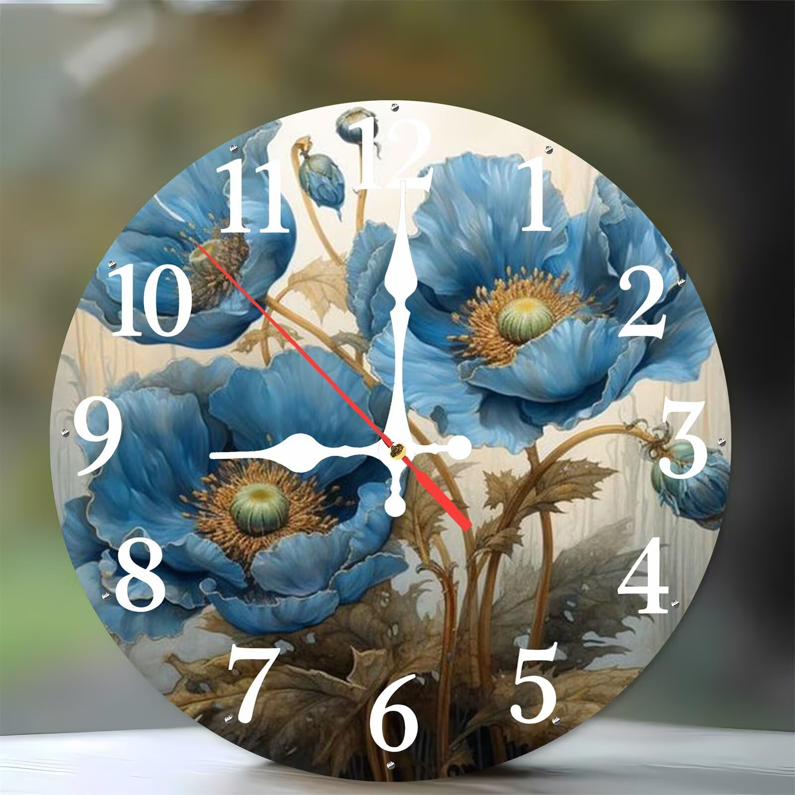 Horloge silencieuse sans tic-tac 35 cm en bois décor floral pavot bleu pour chambre