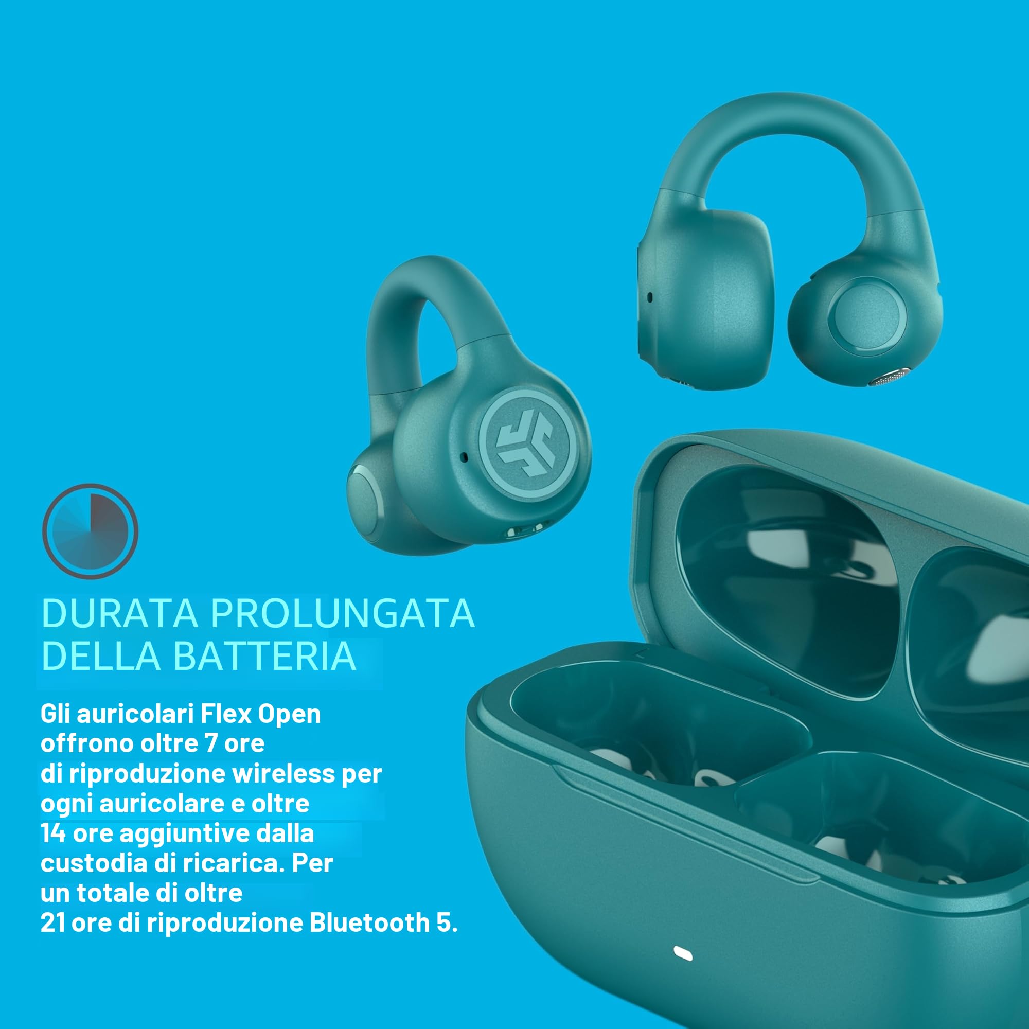 JLab Flex Cuffie Open Ear - Auricolari Open Ear Wireless, Design con Clip, 21H di Autonomia, Auricolari con Bluetooth Multipoint, Microfono MEMS, Personalizzazione con App, Verde Acqua