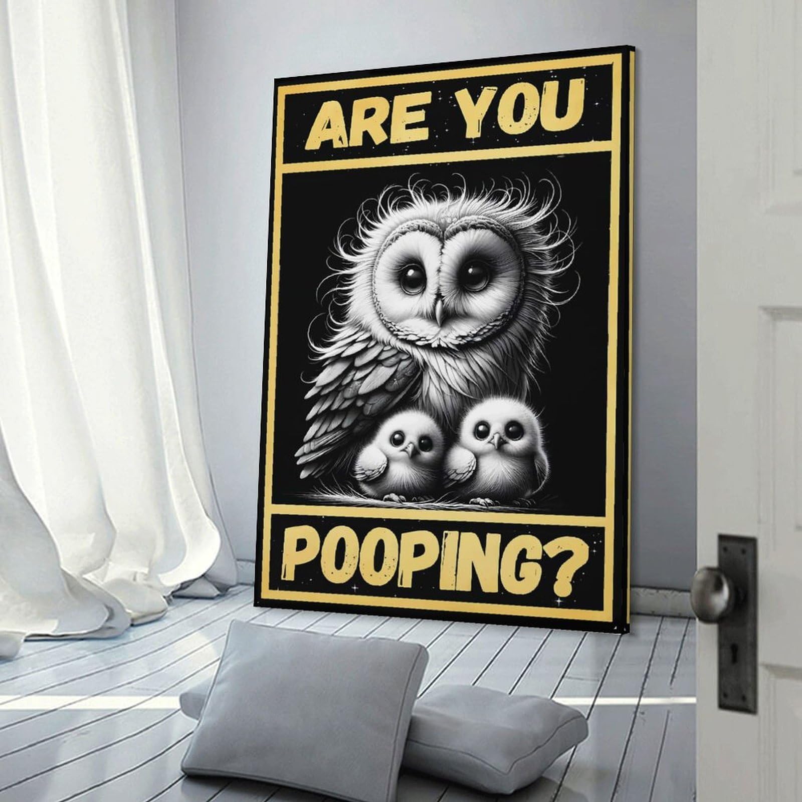 Junmoney Frame-Style Owl Are You Pooping Home Decor Wall Art 24X36inch(60X90cm), For Bedroom, Guest Room Or Reading Nook, Decorative Wall Art For Cosy Rooms