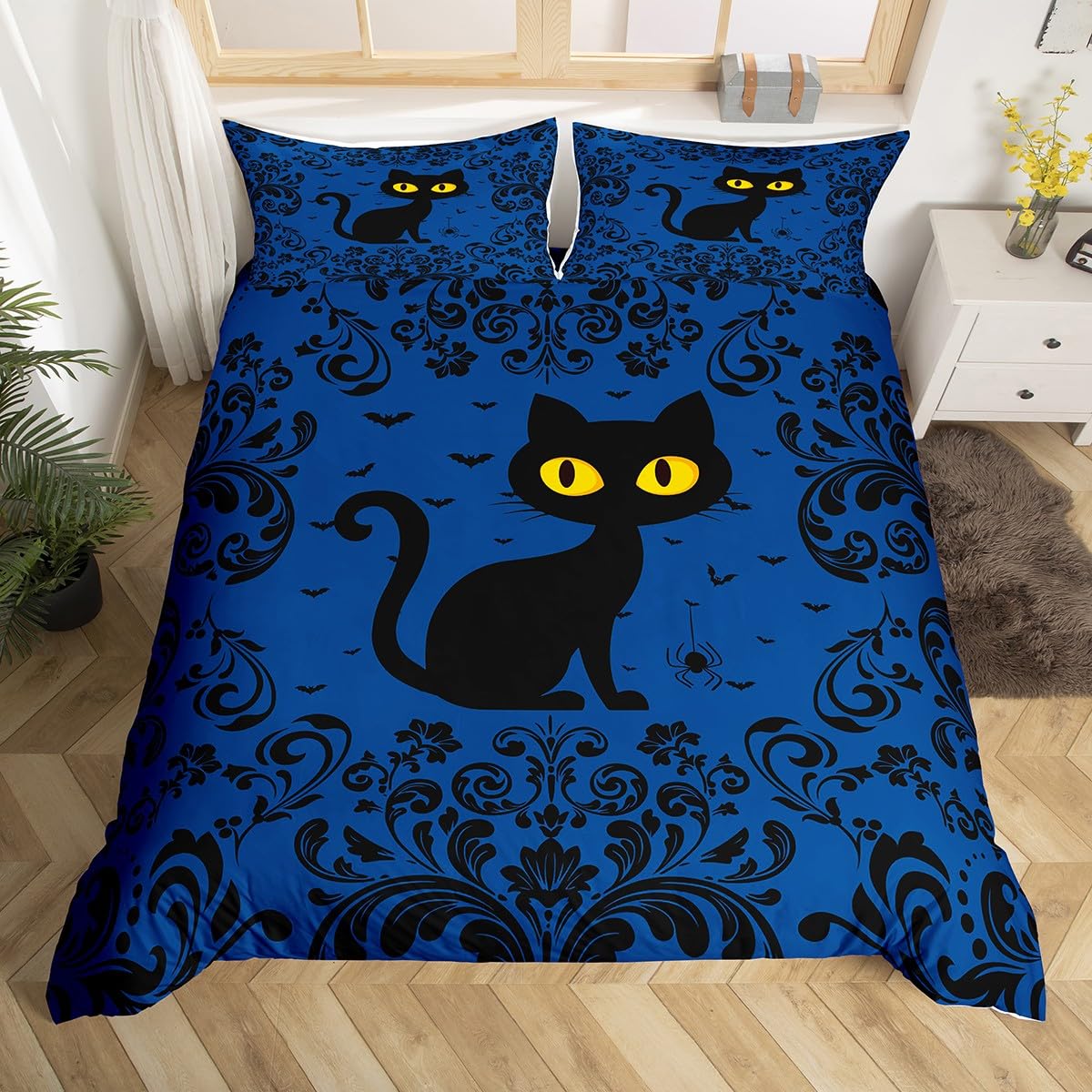 Boys Black Cat Double Duvet Cover Black Navy Halloween Bedding Set for Kids Teen Adults Gothic Damask Spider Bats Comforter Cover Goth Animal Bed Set Halloween Room Decor 2 Pillow Cases