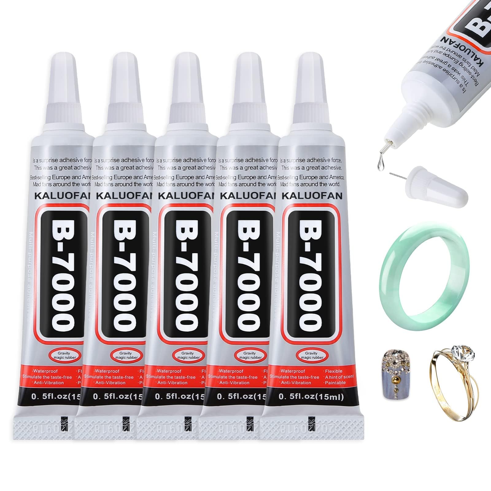 B7000 Multi-Purpose Glue by Kaluofan - 5PCS 15ML Clear Adhesive for Rhinestone Crafts, Jewelry, Fabric, Leather, Wood, Glass, Metal (5 * 15ML)