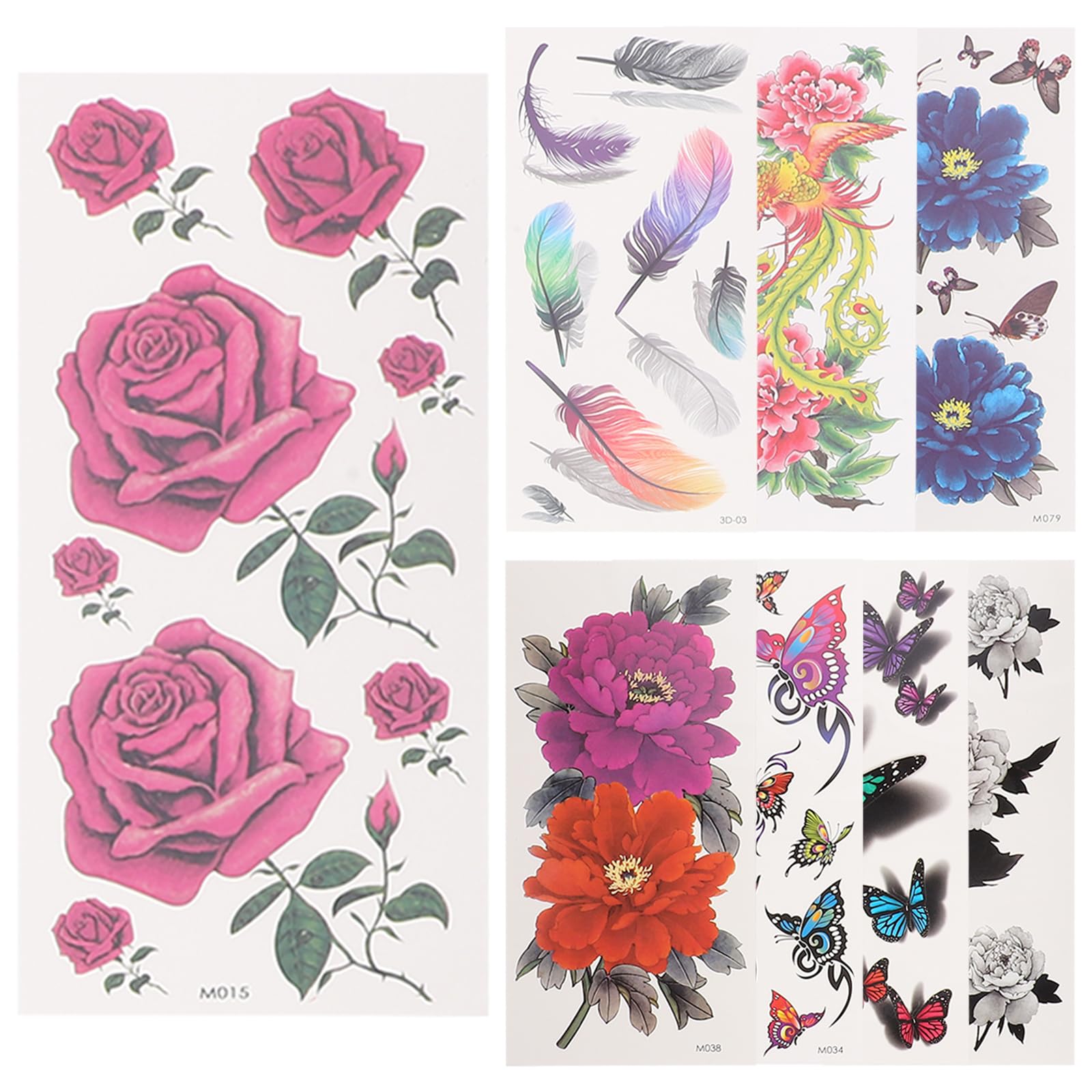 ULTNICE Colorful Floral Temporary Tattoo 8 Sheets 3D Rose and Peony Design Tattoo Easy to Apply and Long Lasting for Glow Parties and Celebrations