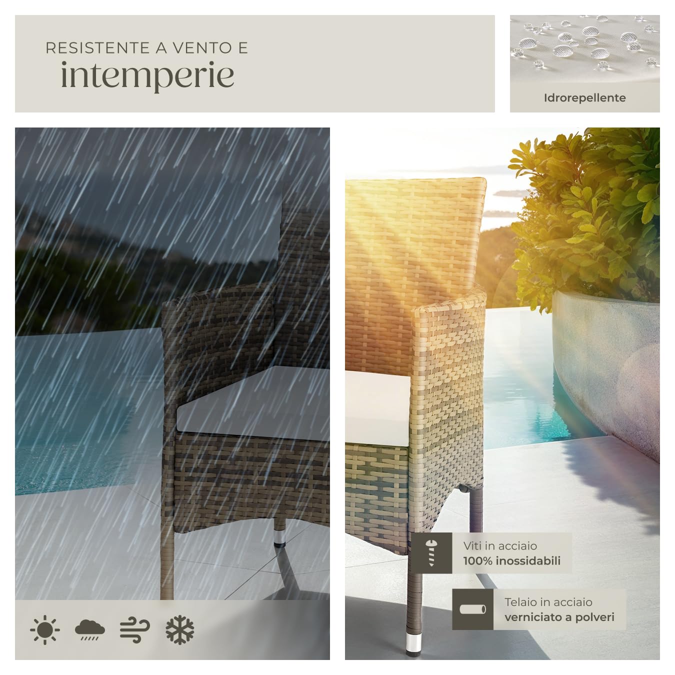 tectake® Set di 2 Sedie da Giardino in Poly Rattan di Alta Qualità, 4 Rivestimenti di Ricambio, Design Moderno con Morbidi Rivestimenti Beige e Grigio, Imbottiture Rimovibili - Naturale/Grigio Scuro