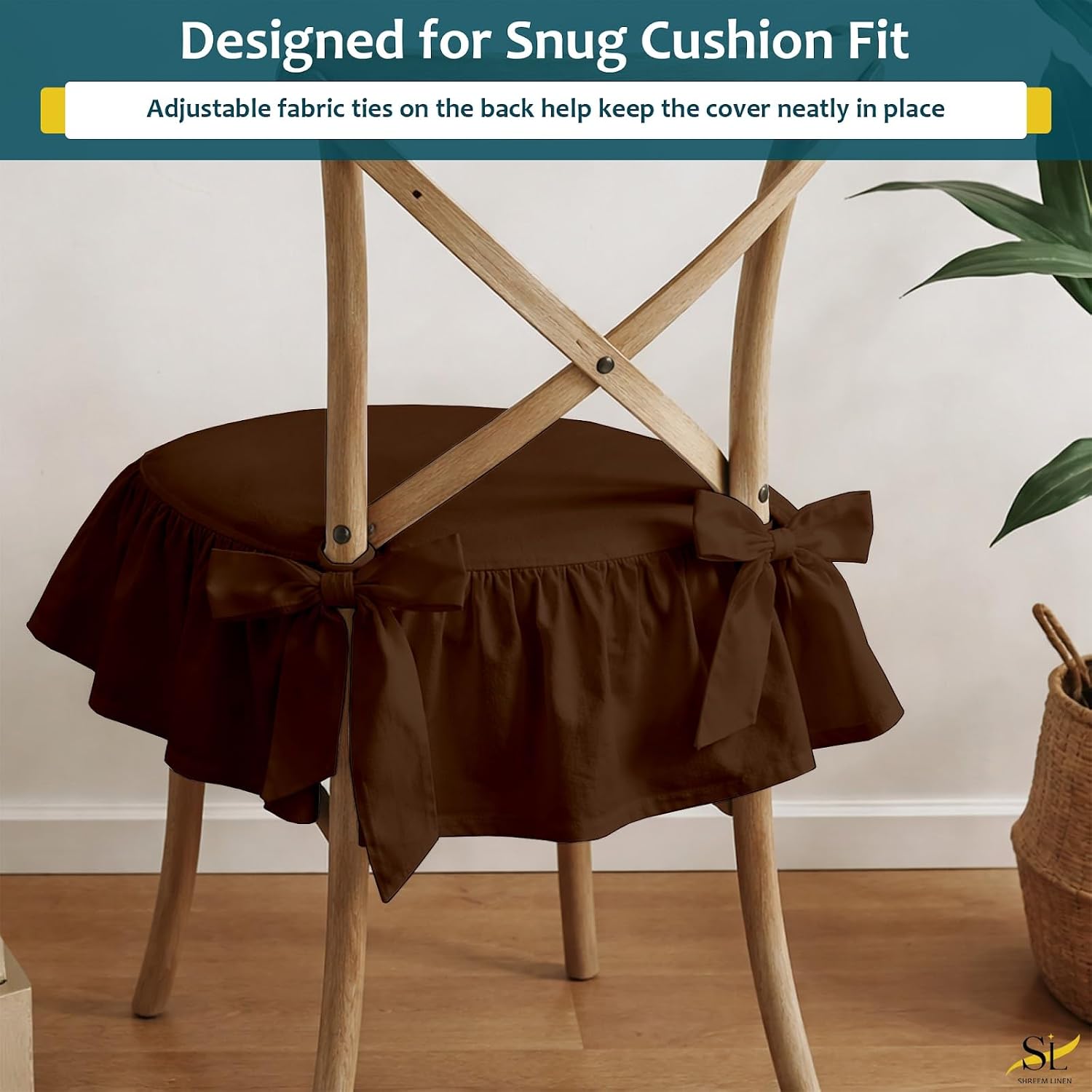 6 Pack Ruffle Chair Cushion Covers 17.5 x 17.5 Inch, Square Chair Pad Slipcovers with Ties, Decorative Ruffled Skirt Seat Covers for Dining Kitchen Chairs, Farmhouse Style, Covers Only, Chocolate