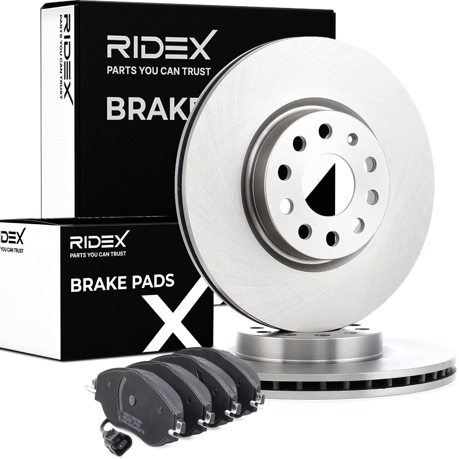 RIDEX 3405B1094 Juego para eje Kit de discos de freno y pastillas Delantero Foto correspondiente a la entrega con tornillos sin tornillos Compatible con VW Golf 7 Hatchback 5G1, BQ1, BE1, BE2