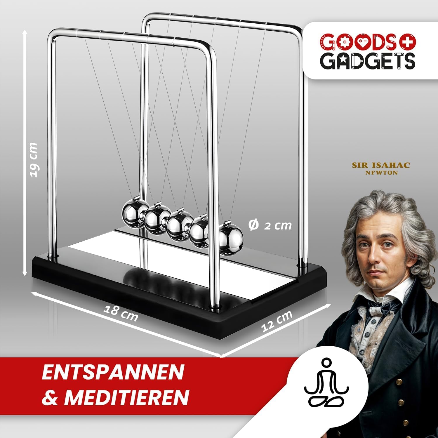 GOODS+GADGETS® Wahadło Newtona 18 cm - Kulkowe Wahadło Biurowe | 5 chromowanych kulek, stal nierdzewna, stalowe liny - klasyczny gadżet biurowy na biurko