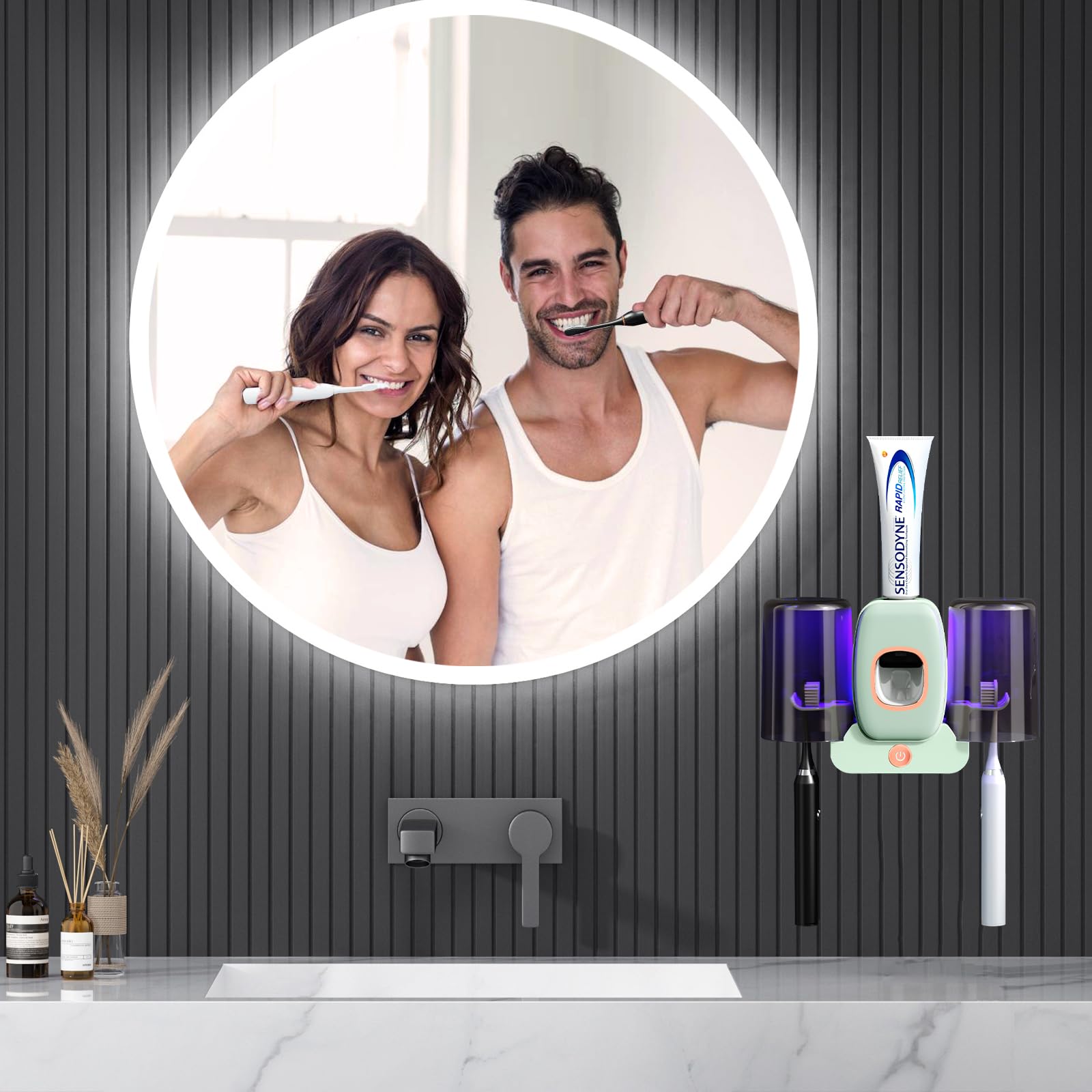 Portaspazzolino per bagno, ricaricabile, senza fili, montaggio a parete, porta spazzolino elettrico con 2 tazze, 4 scomparti per spazzolino da denti, dispenser di dentifricio (verde)