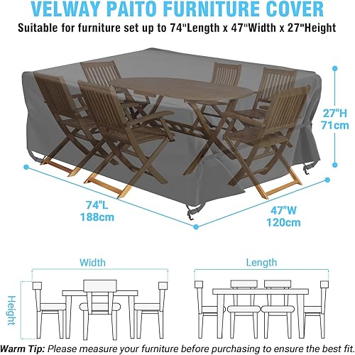 Miniatura 4 de Velway Juego de sillas de mesa de patio, cuadrada, impermeable, 74 pulgadas de largo x 47 pulgadas de ancho x 28 pulgadas de alto, juego de comedor