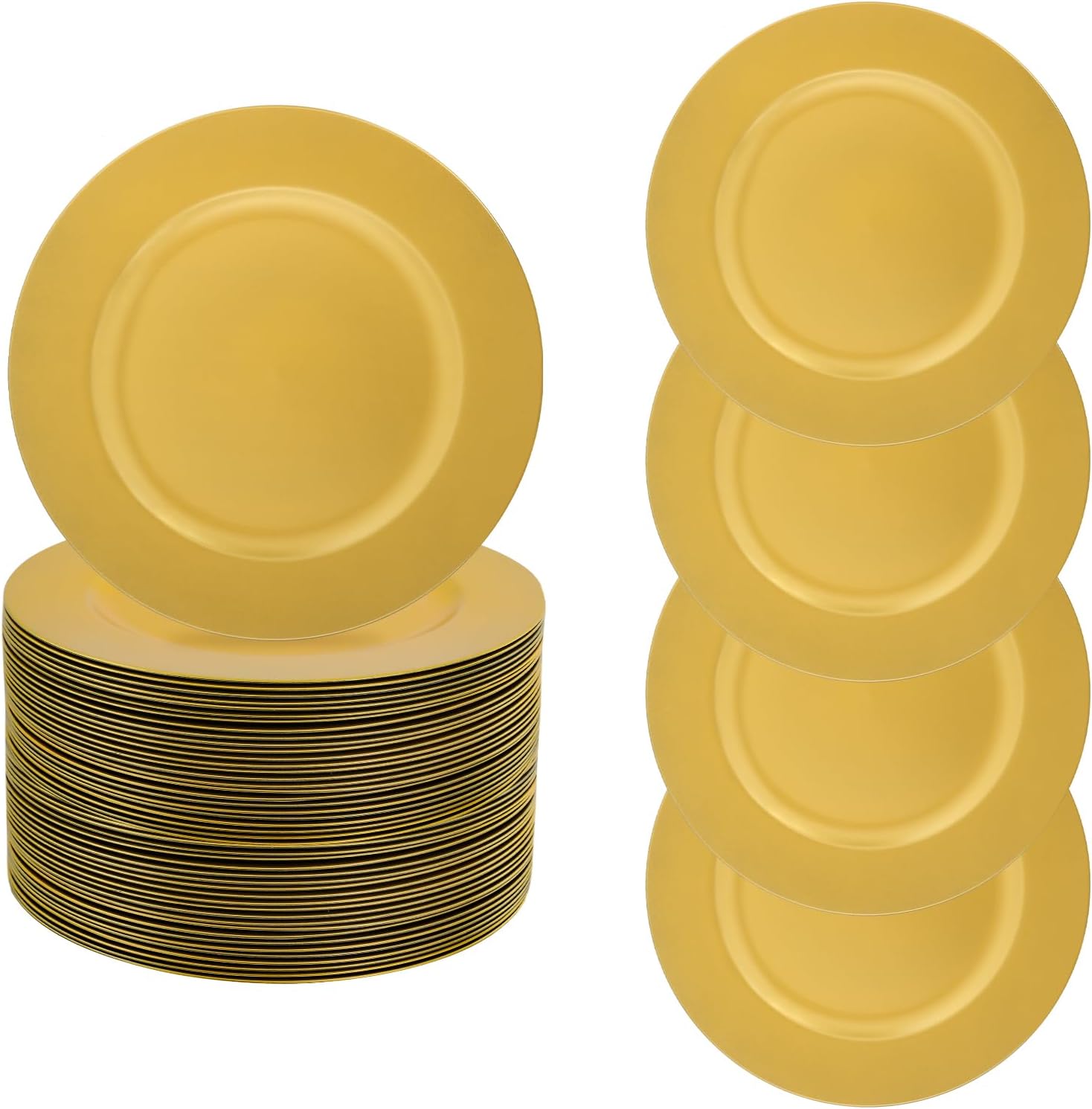 100 Pcs Charger Plates Bulk,13" Round Charger Plates,Plastic Wedding Dinner Elegant Reusable,Table Setting for Birthday Party,Banquets,Event Tabletop Decor (Golden)