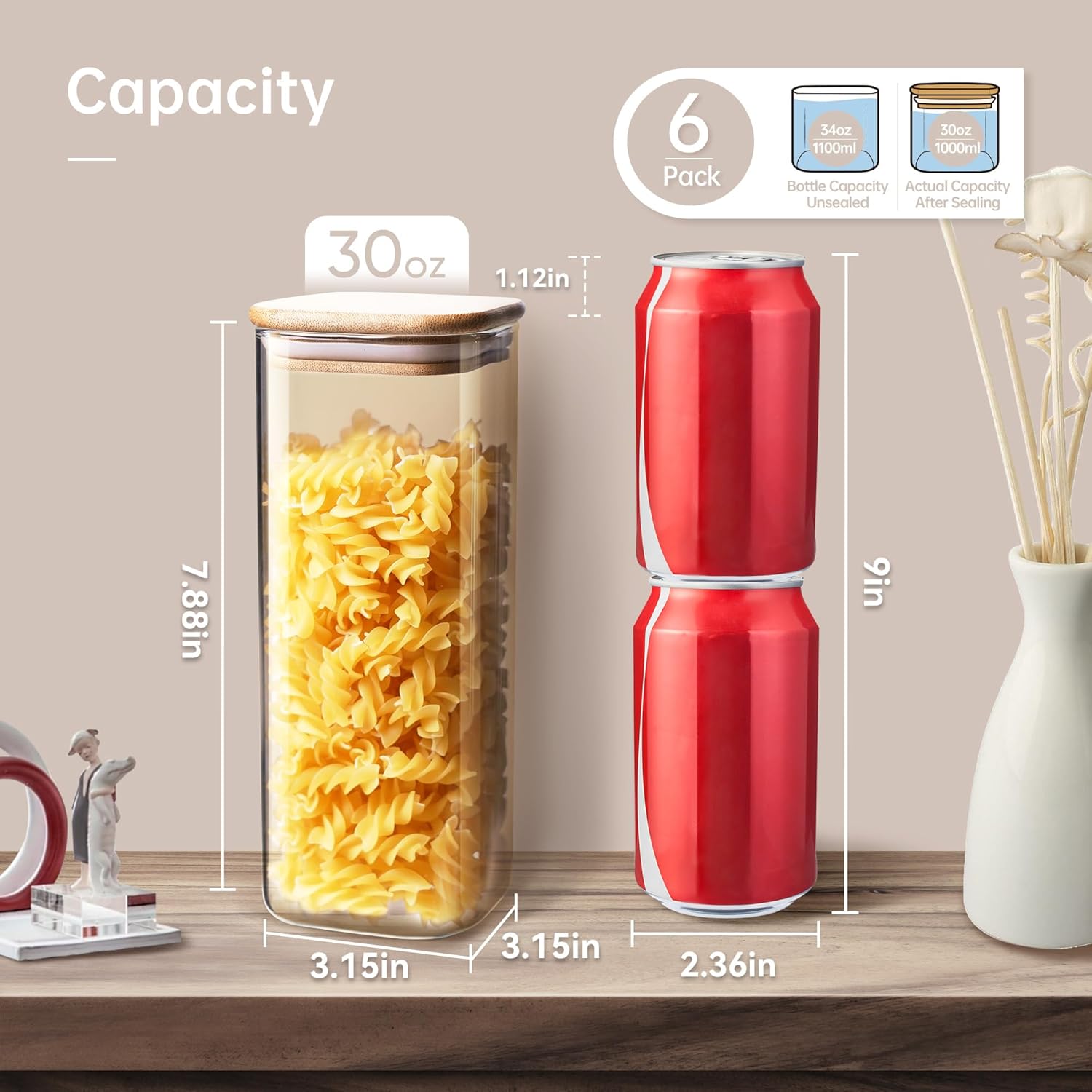 Square Glass Jars with Bamboo Lids 30 FL OZ [Set of 6], Glass Canisters with Airtight Lid, Glass Food Storage Container for Pasta, Flour, Sugar, Rice, Best for Kitchen & Pantry - Image 2