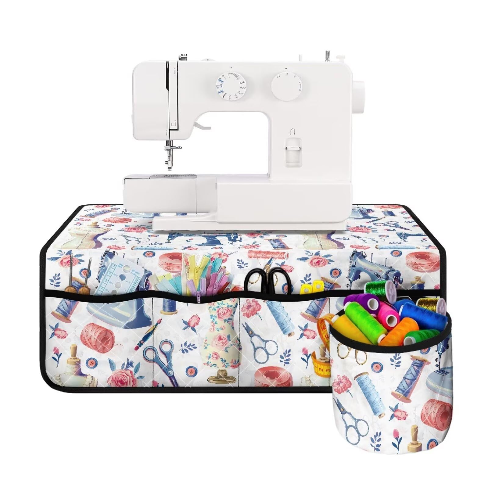 Sewing Machine Carrying Case, Sewing Machines Pad for Table with 4 Pockets Scratches-Proof Muffling Mat - Scissors Print