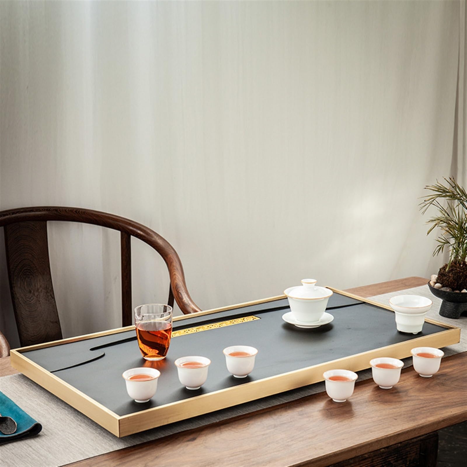 Bandeja de té de ébanita natural, mesa de té simple de piedra negra y dorada, 80 x 40 x 3 cm, bandeja de mar de cobre para juego de té en casa, elegante plato de té