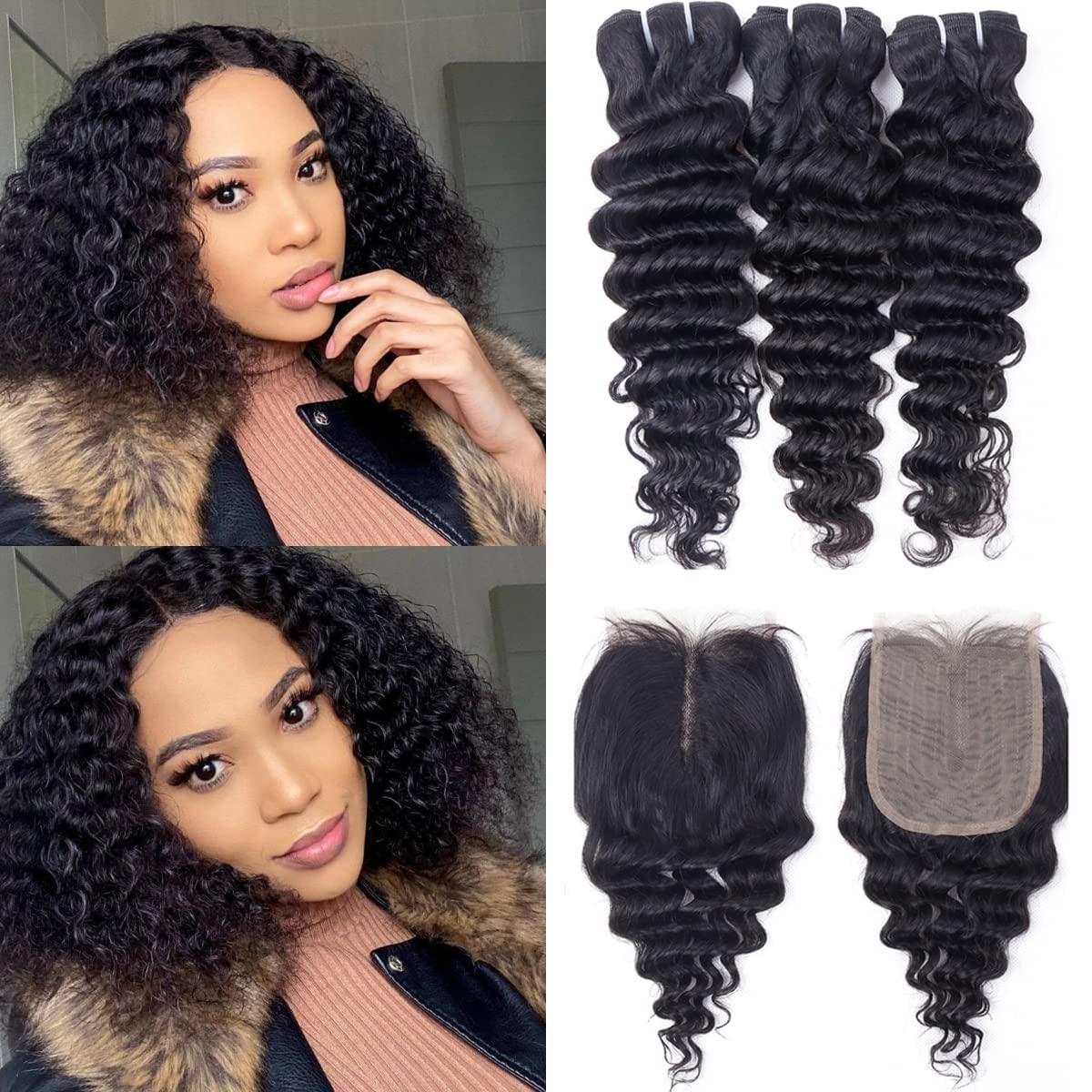Deep Curly Wave Human Hair Bundles with Closure(10 12 14+10) Brazilian Virgin Human Hair 10A Wet and Wavy 3 Bundles with Lace Closure 70g/bundle Natural Color
