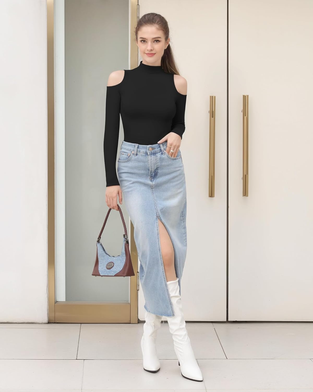 HERLOLLYCHIPS Mock Neck Tops for Women Cold Shoulder Long Sleeve Ribbed Knit Tight Stretchy Sexy Dressy Casual T-Shirts - Image 5