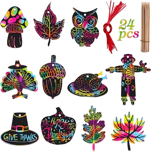 Miniatura 7 de Hohomark Tarjetas de rascar de Acción de Gracias – 24 piezas de papel de rascar arcoíris para manualidades de Acción de Gracias