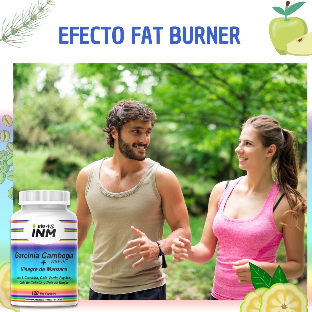 Garcinia Cambogia 60% HCA - Quemagrasas Natural con Vinagre de Manzana - L-Carnitina – Glucomanano - Suplemento para Pérdida de Peso – Efecto Termogénico Fat Burner - 120 Cápsulas – Masinmune.