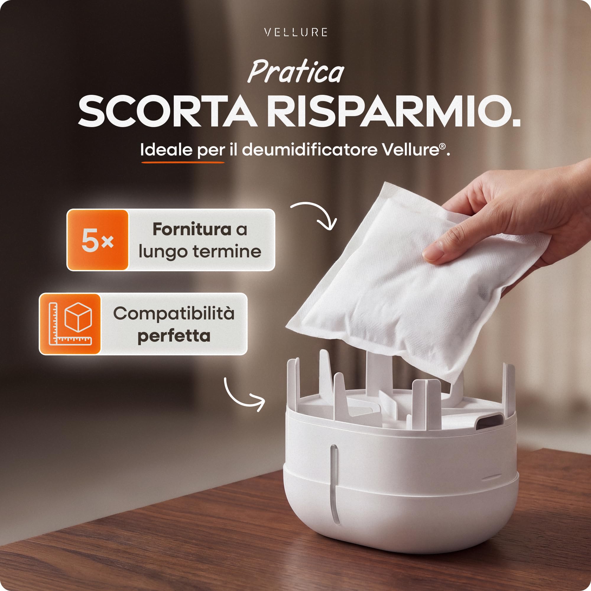 Vellure® 5 confezioni di ricarica per deumidificatori, 600 g (risparmio energetico, set da 5 deumidificatori granulati), confezione di ricarica per deumidificatori (antimuffa e odori)