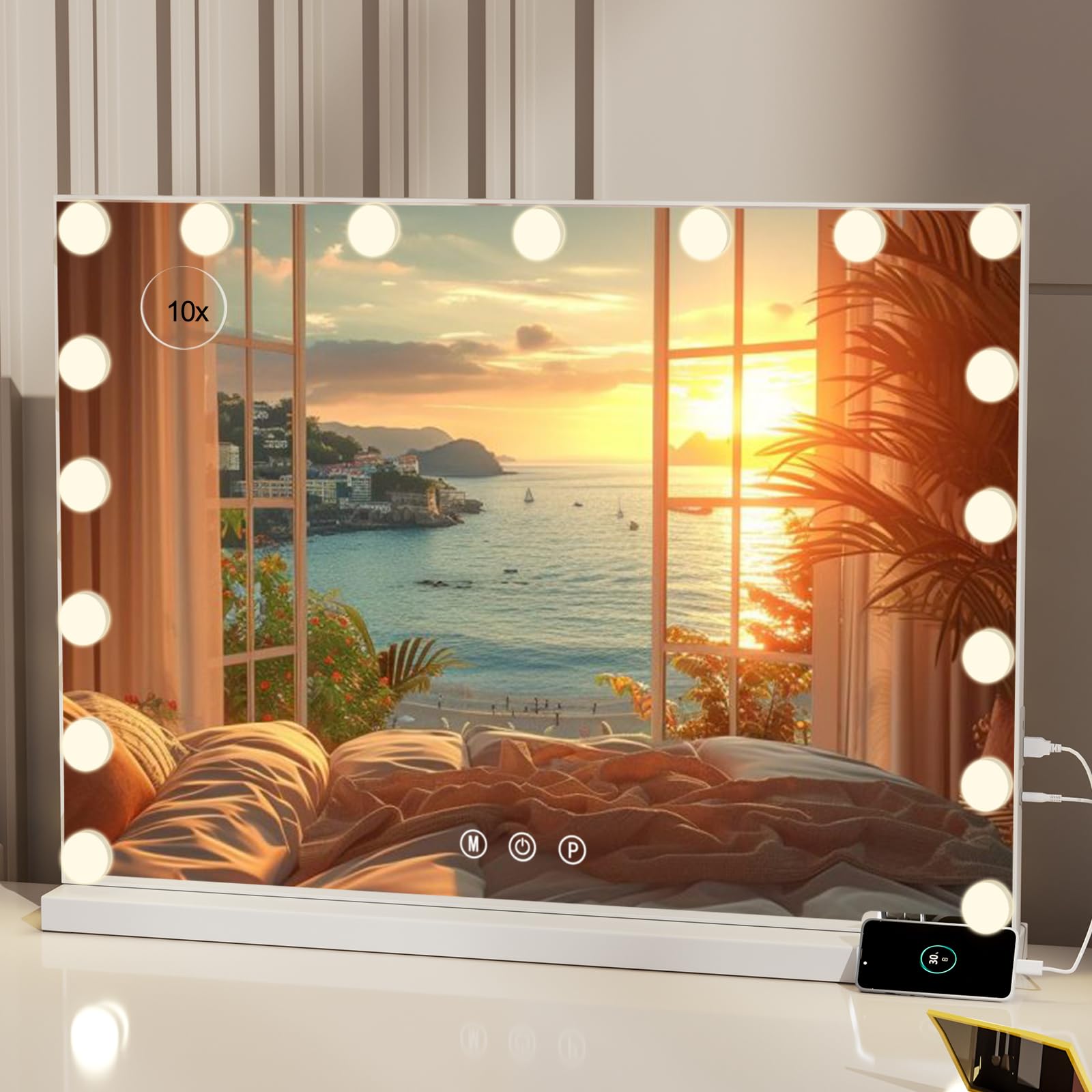 Saimeihome Espejo Tocador con Luz, Espejo de Maquillaje Hollywood con LED Regulables, 3 Modos de Luz, Grande Espejo Control Táctil y Memoria de Brillo 70x55 cm
