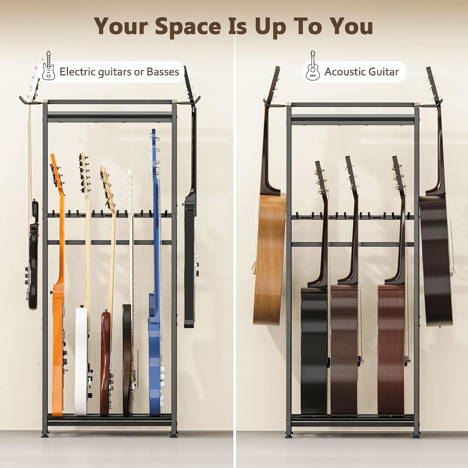 Supporto Chitarra a 2 Livelli per 5 - 7 Strumenti Chitarre Acustica Elettrica Bassi Ukulele Banjo con Ripiano ,multi Rack con imbottitura morbida per più Chitarre e Accessori Musicali